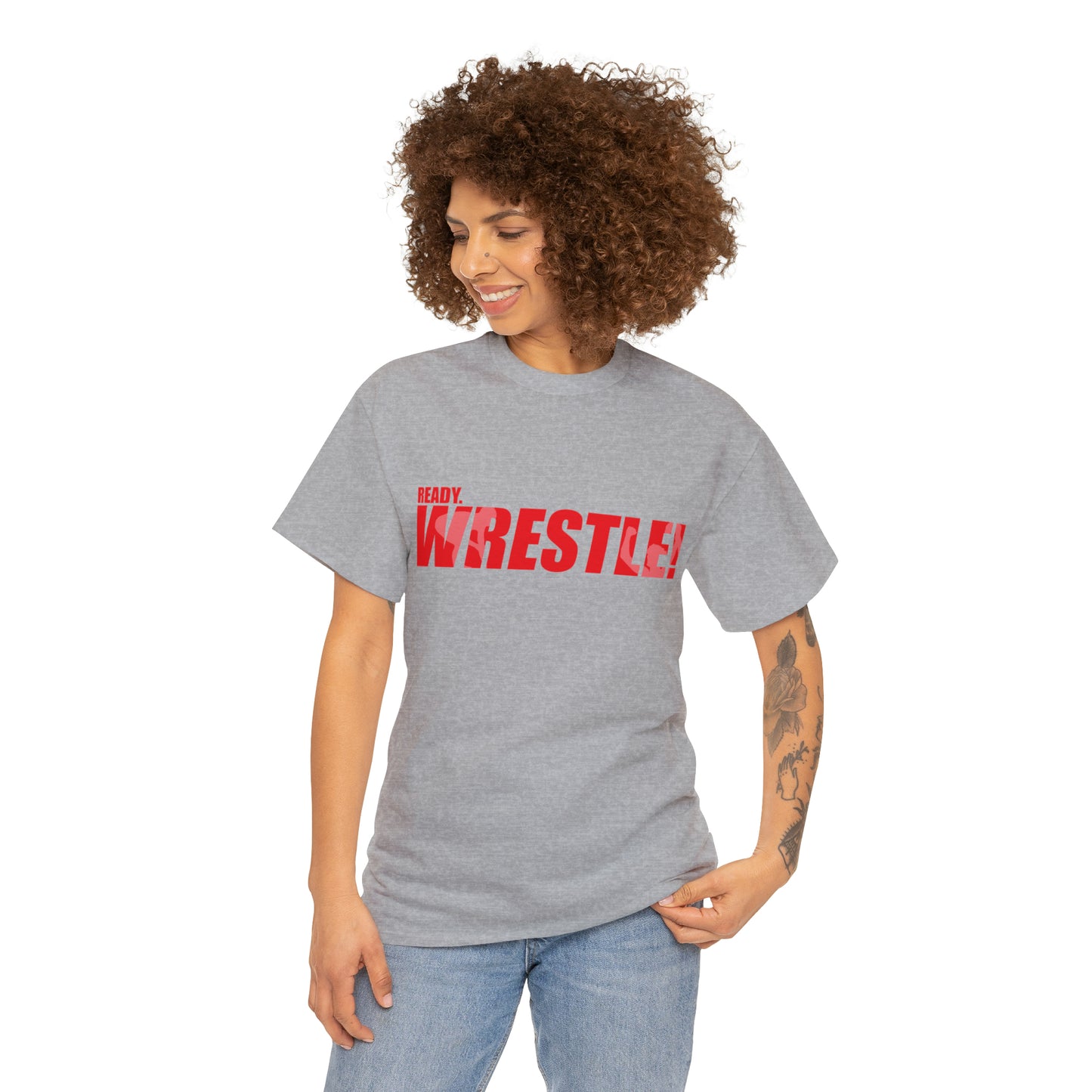 Ready. Wrestle! Red Logo w/White Silhouettes, Unisex Heavy Cotton Tee
