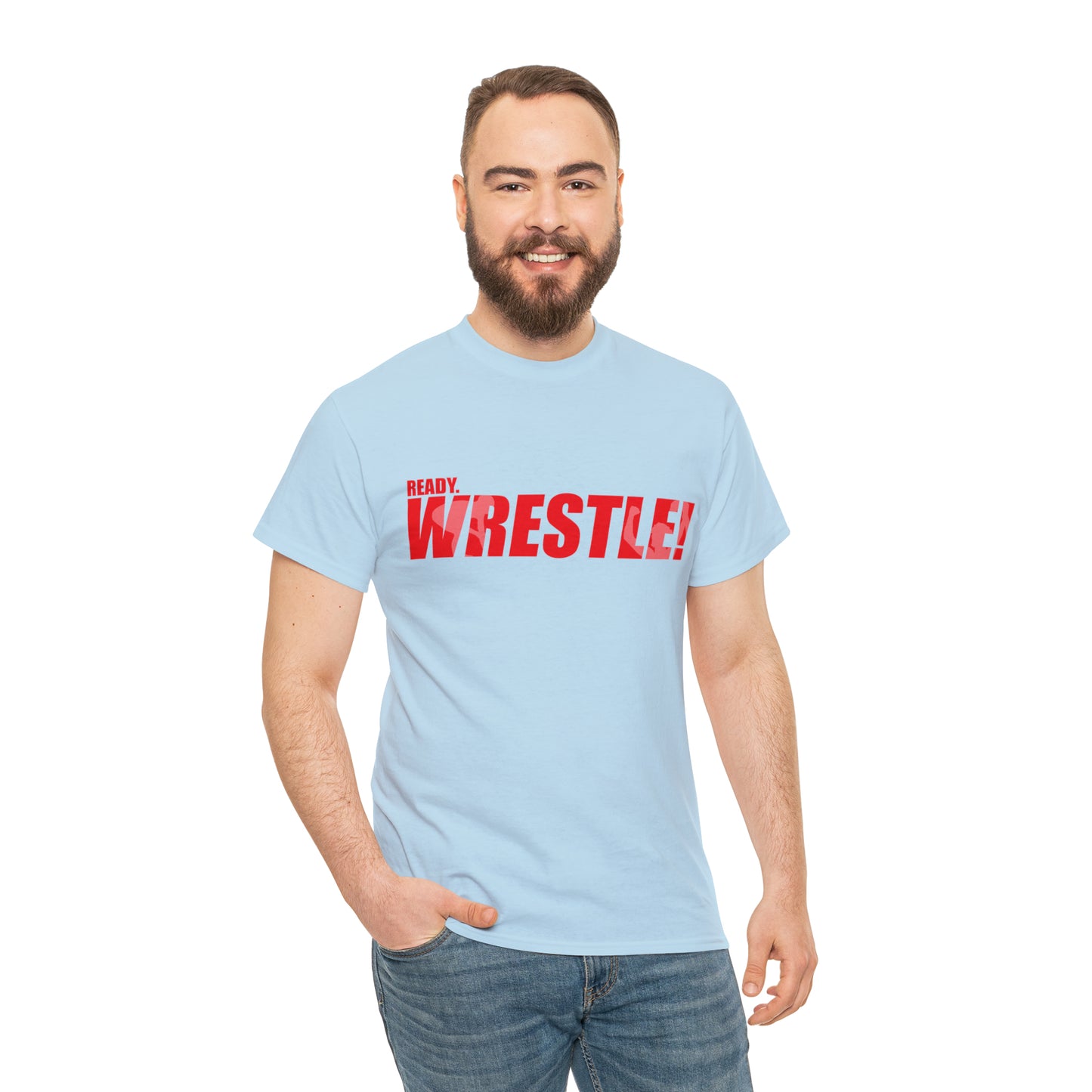 Ready. Wrestle! Red Logo w/White Silhouettes, Unisex Heavy Cotton Tee
