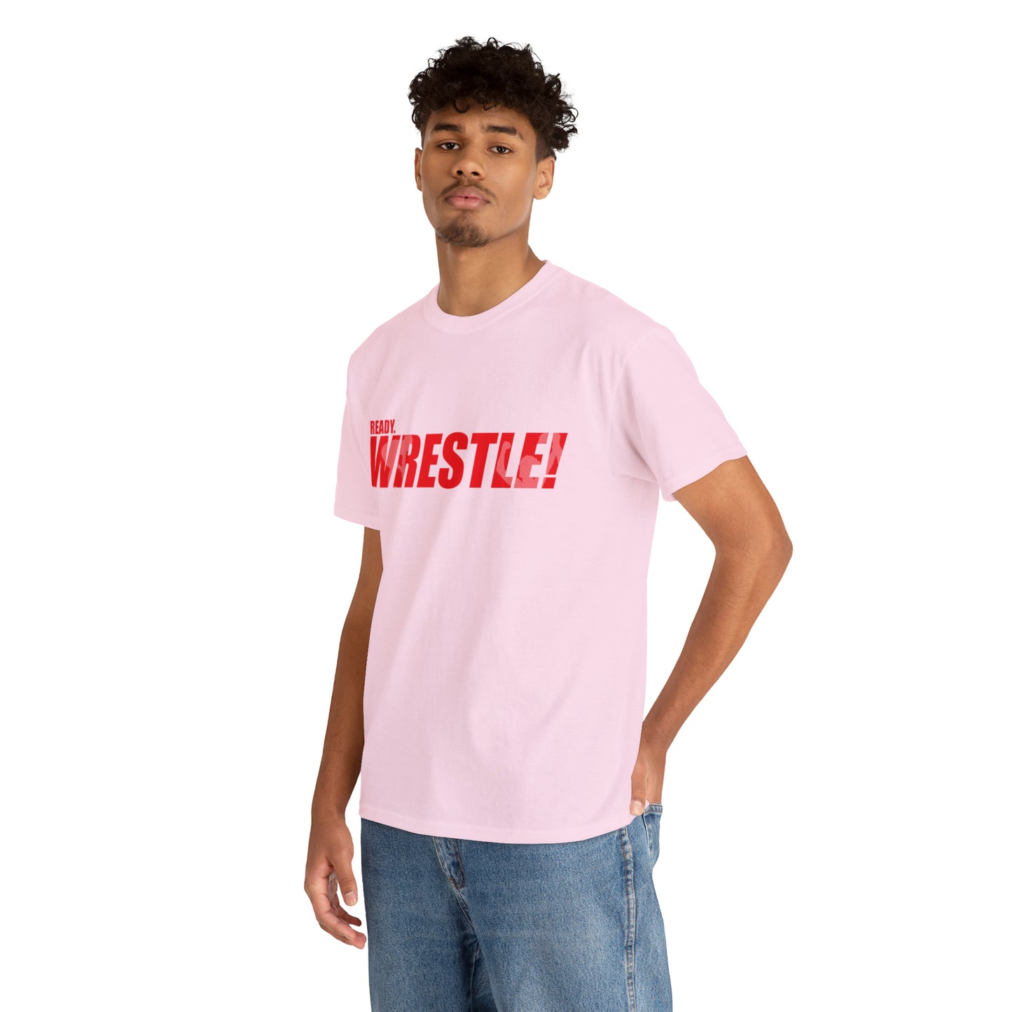Ready. Wrestle! Red Logo w/White Silhouettes, Unisex Heavy Cotton Tee