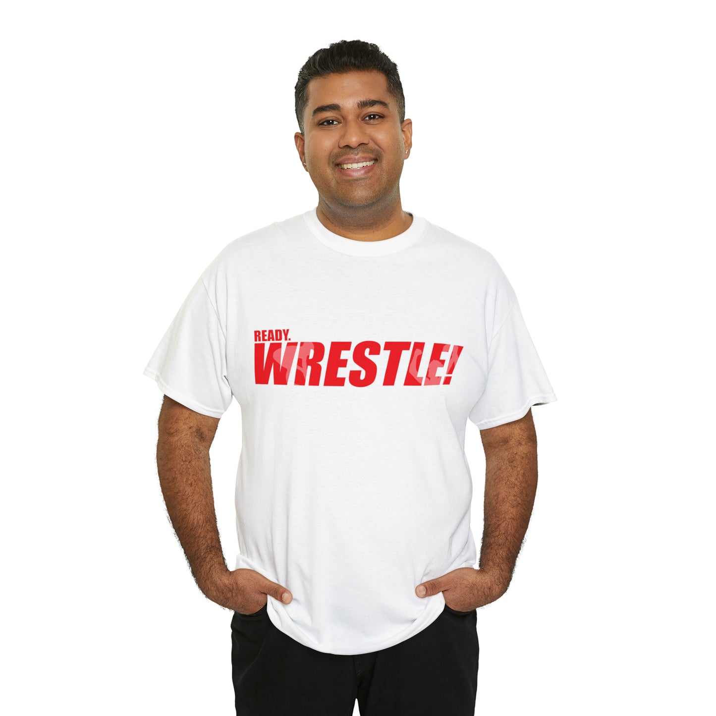 Ready. Wrestle! Red Logo w/White Silhouettes, Unisex Heavy Cotton Tee