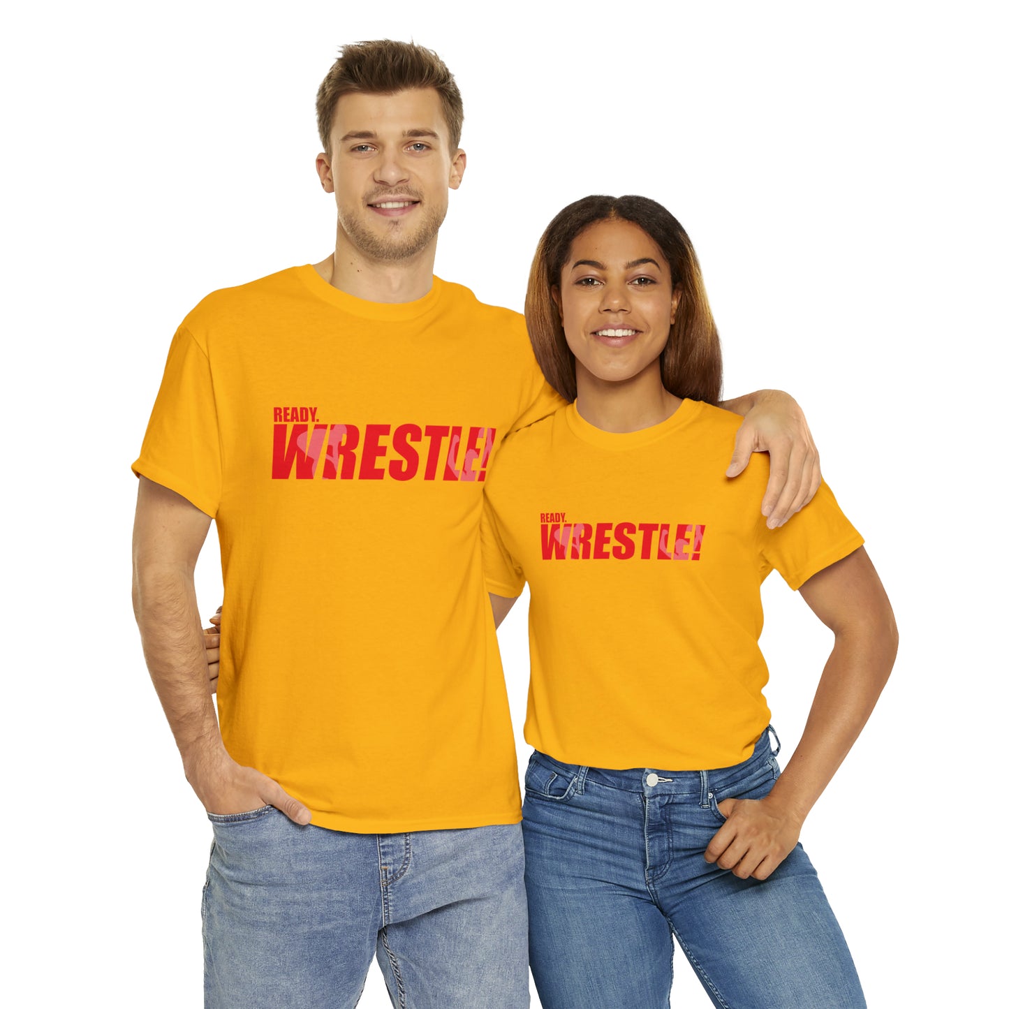 Ready. Wrestle! Red Logo w/White Silhouettes, Unisex Heavy Cotton Tee