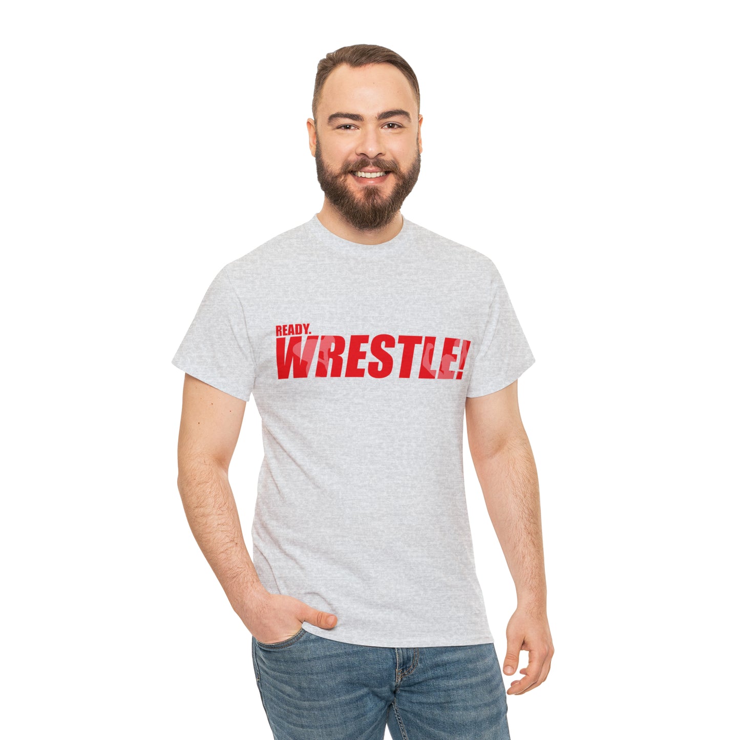 Ready. Wrestle! Red Logo w/White Silhouettes, Unisex Heavy Cotton Tee