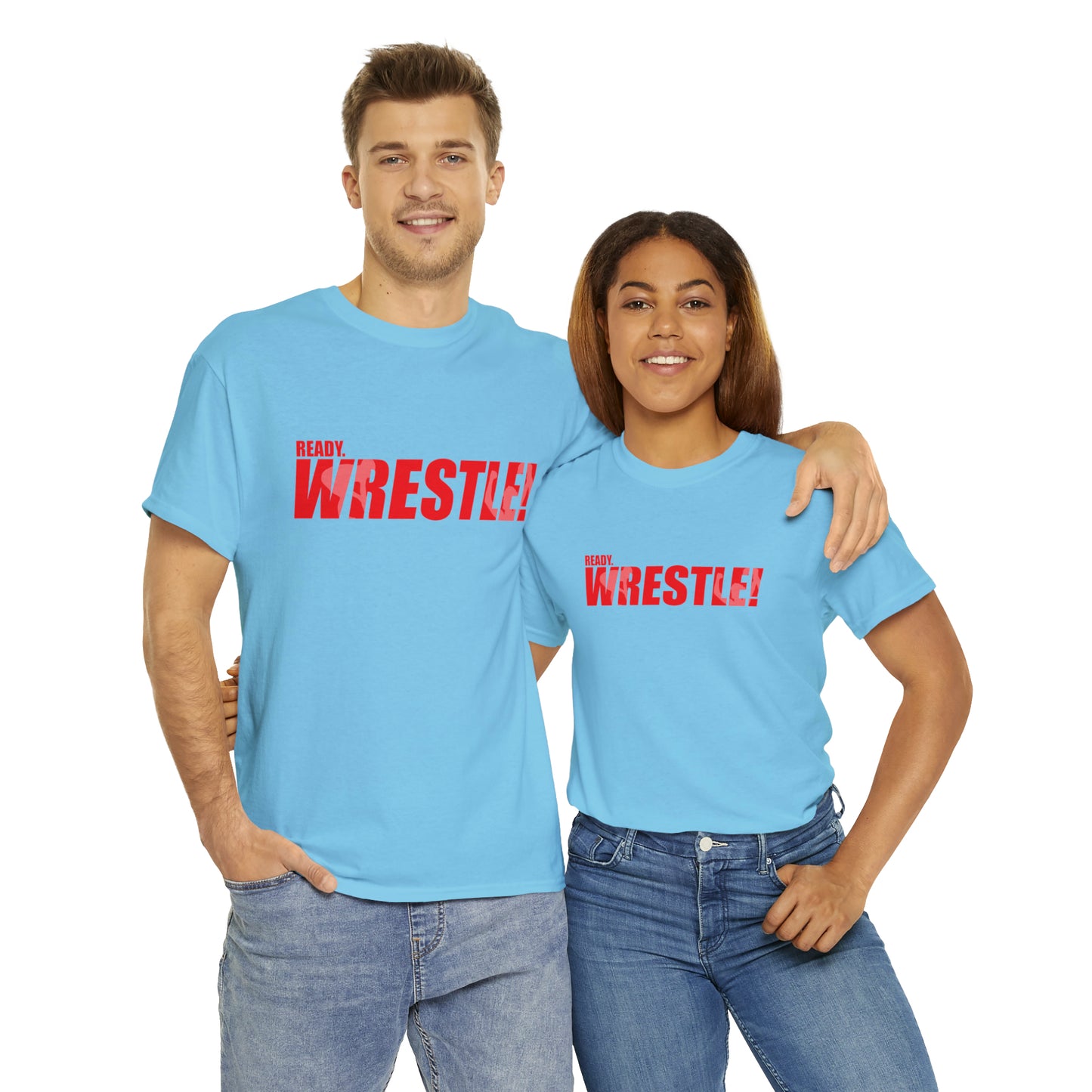 Ready. Wrestle! Red Logo w/White Silhouettes, Unisex Heavy Cotton Tee
