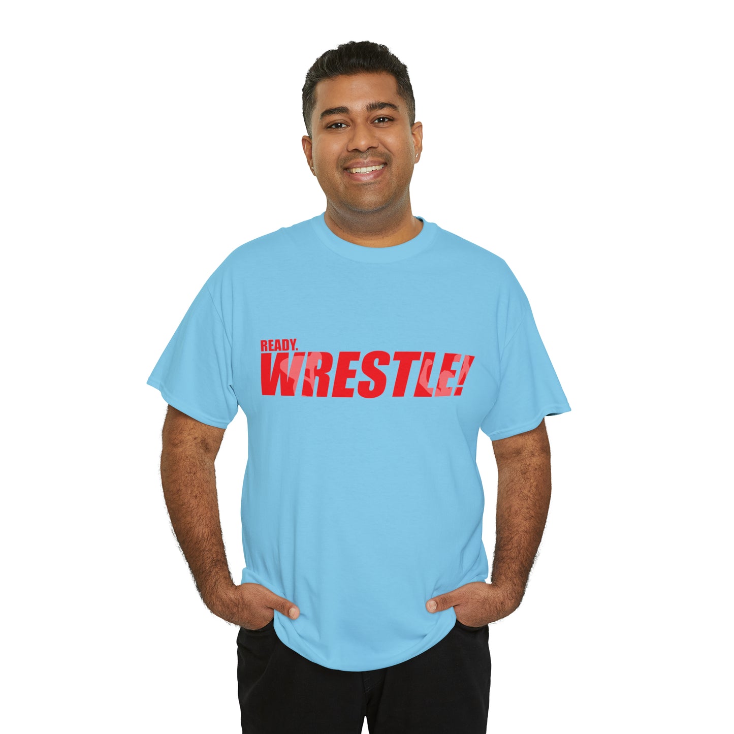 Ready. Wrestle! Red Logo w/White Silhouettes, Unisex Heavy Cotton Tee