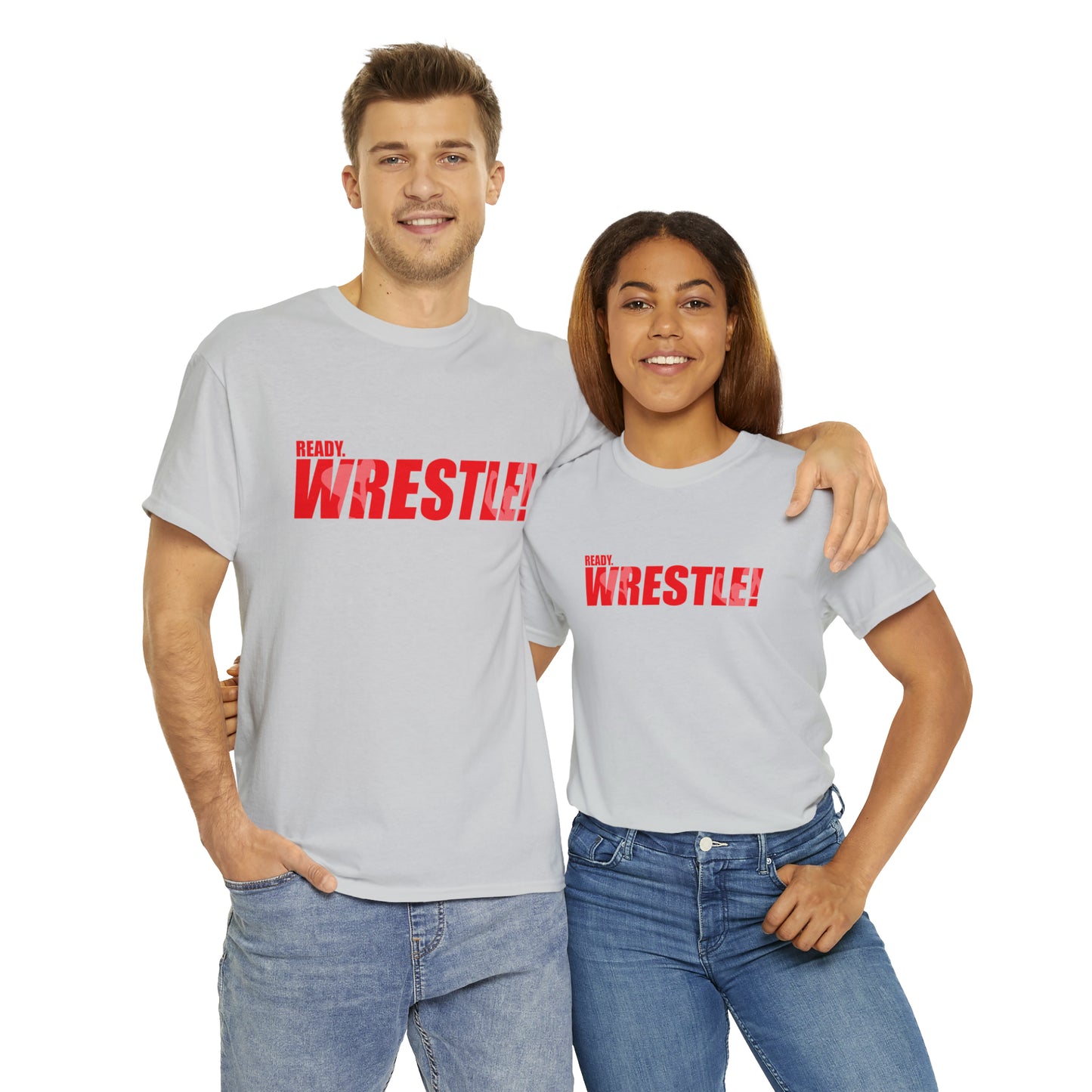 Ready. Wrestle! Red Logo w/White Silhouettes, Unisex Heavy Cotton Tee