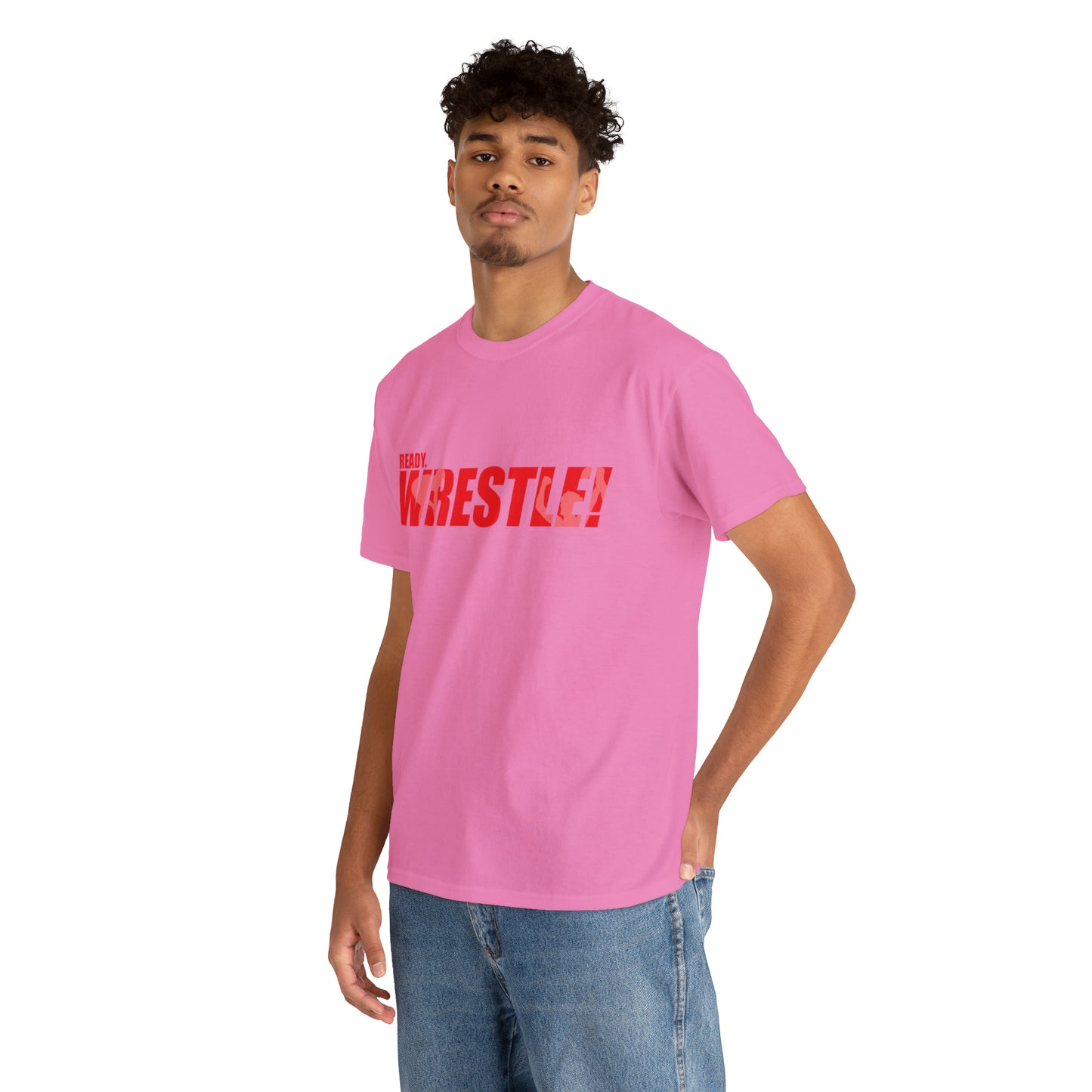 Ready. Wrestle! Red Logo w/White Silhouettes, Unisex Heavy Cotton Tee