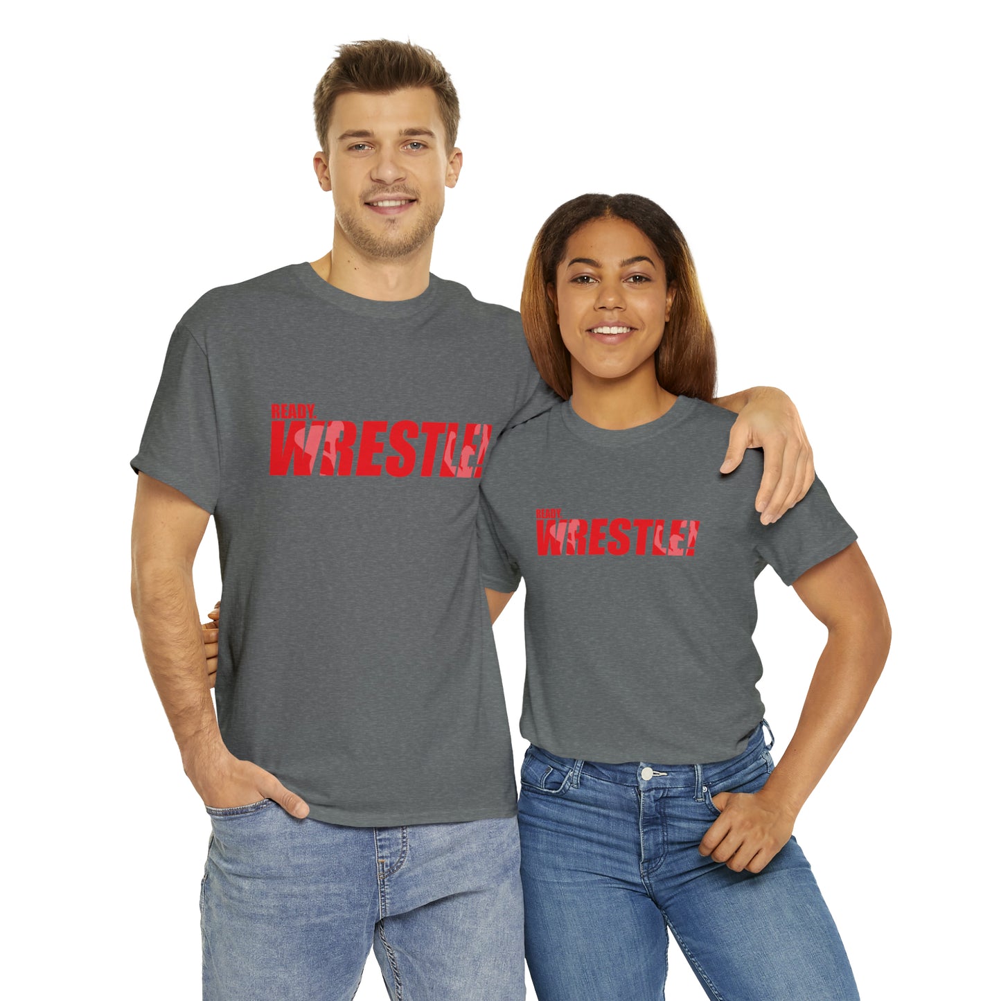 Ready. Wrestle! Red Logo w/White Silhouettes, Unisex Heavy Cotton Tee