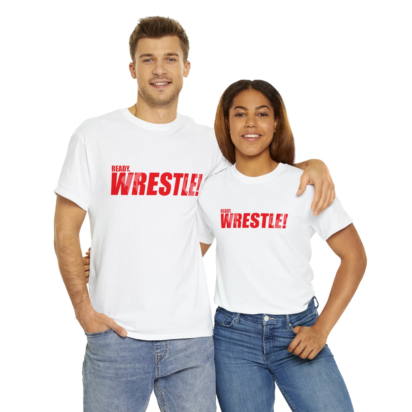 Ready. Wrestle! Red Logo w/White Silhouettes, Unisex Heavy Cotton Tee