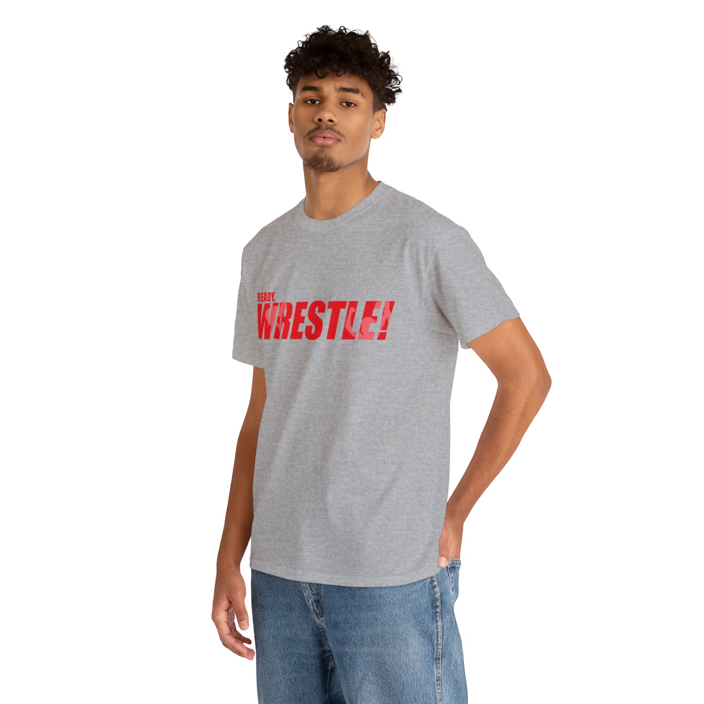 Ready. Wrestle! Red Logo w/White Silhouettes, Unisex Heavy Cotton Tee