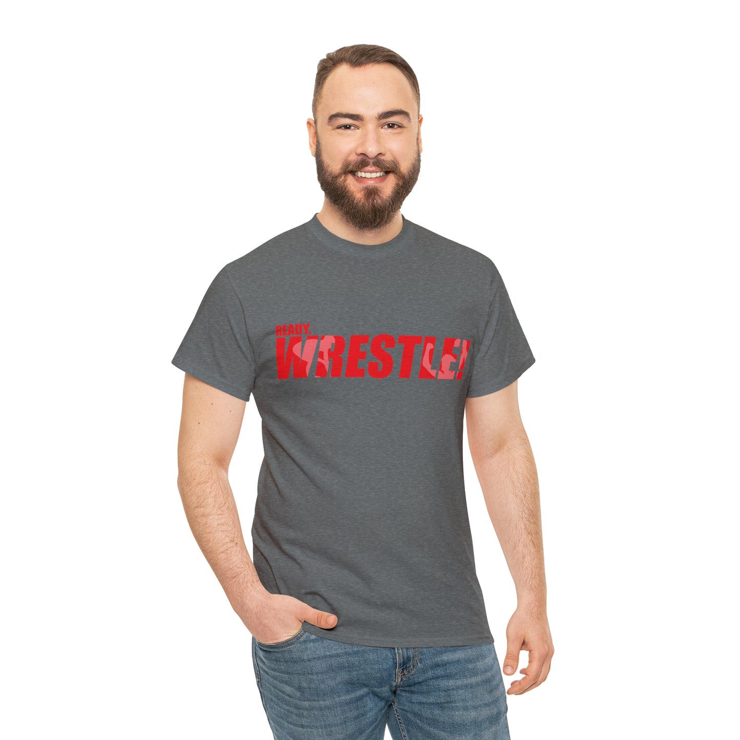 Ready. Wrestle! Red Logo w/White Silhouettes, Unisex Heavy Cotton Tee