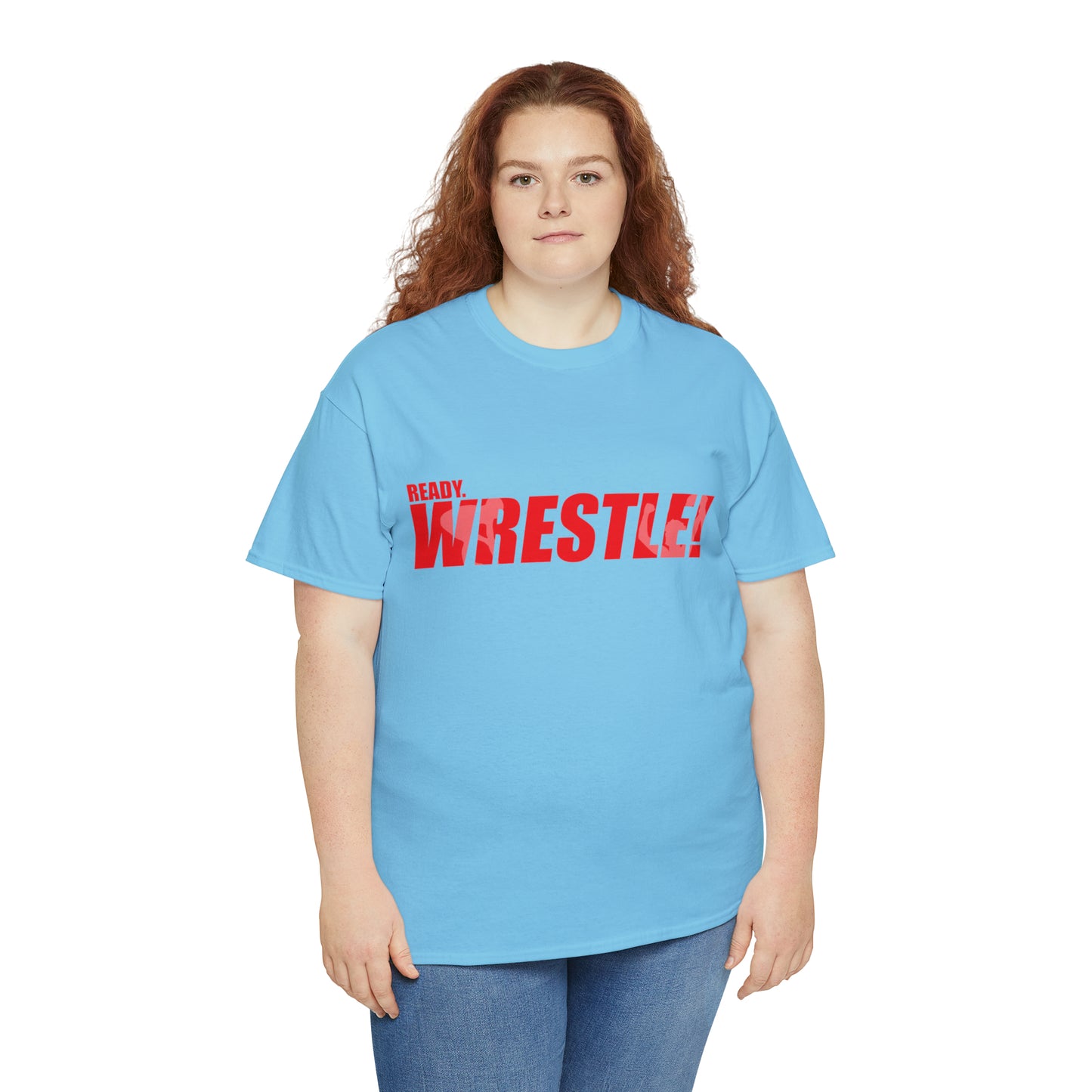 Ready. Wrestle! Red Logo w/White Silhouettes, Unisex Heavy Cotton Tee