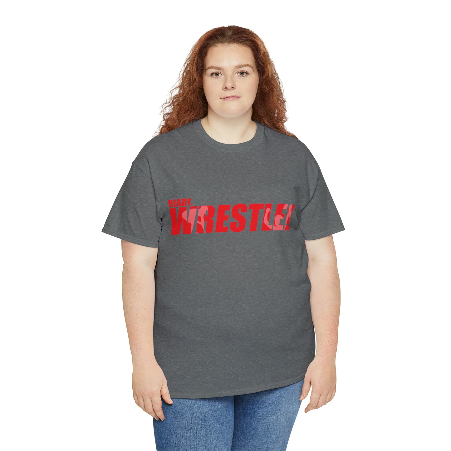 Ready. Wrestle! Red Logo w/White Silhouettes, Unisex Heavy Cotton Tee