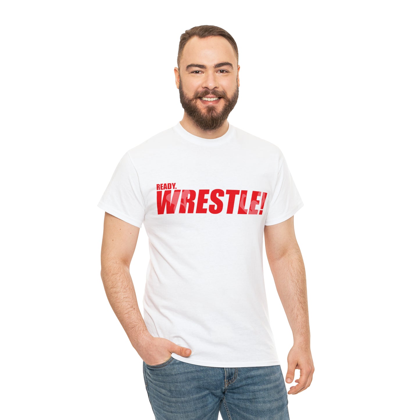 Ready. Wrestle! Red Logo w/White Silhouettes, Unisex Heavy Cotton Tee