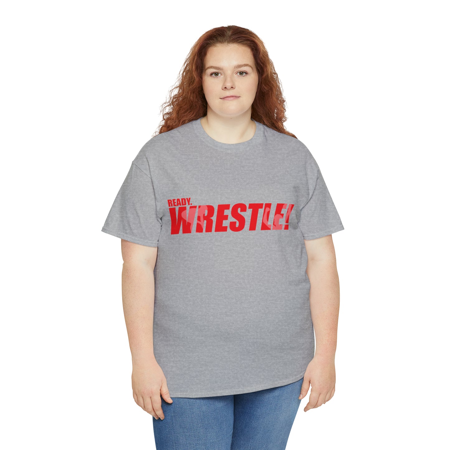 Ready. Wrestle! Red Logo w/White Silhouettes, Unisex Heavy Cotton Tee