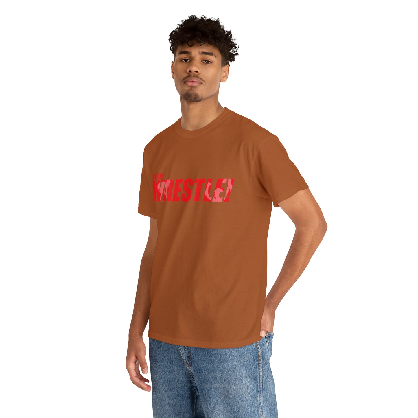 Ready. Wrestle! Red Logo w/White Silhouettes, Unisex Heavy Cotton Tee