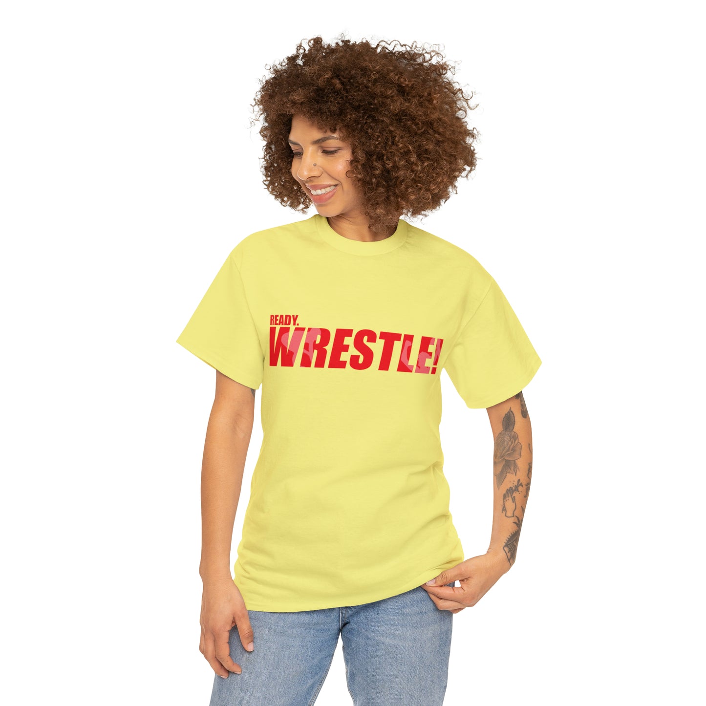 Ready. Wrestle! Red Logo w/White Silhouettes, Unisex Heavy Cotton Tee