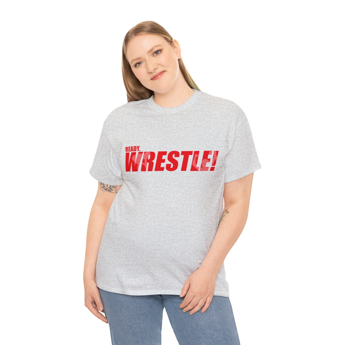 Ready. Wrestle! Red Logo w/White Silhouettes, Unisex Heavy Cotton Tee