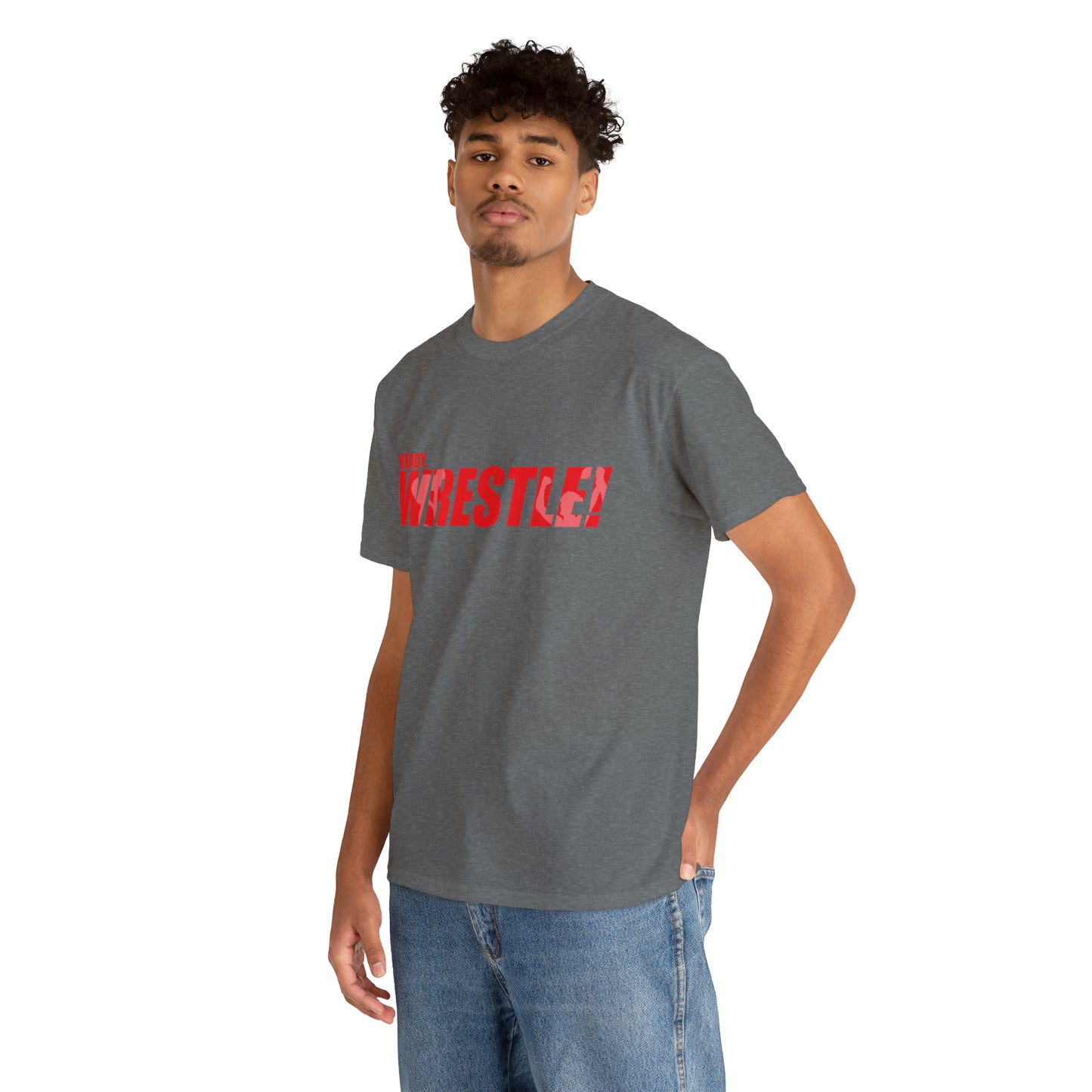 Ready. Wrestle! Red Logo w/White Silhouettes, Unisex Heavy Cotton Tee