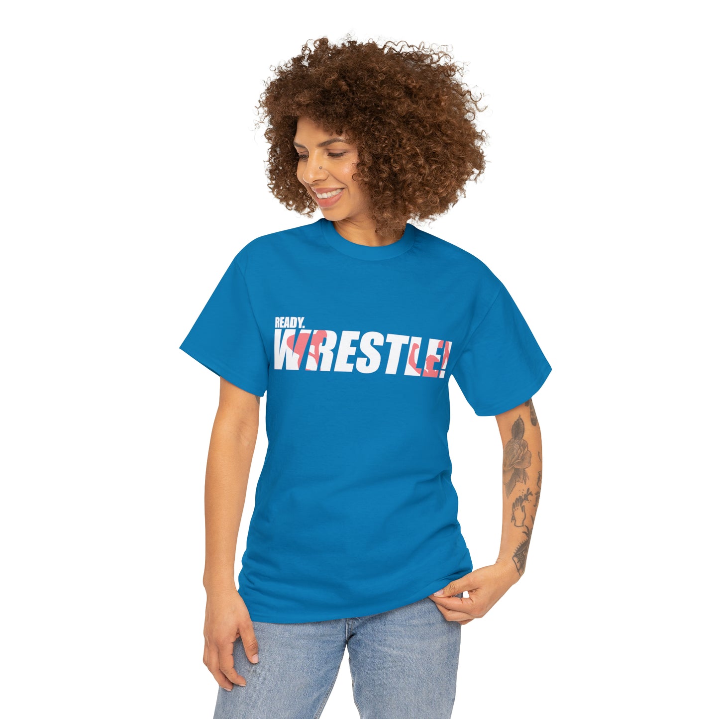 Ready. Wrestle! White Logo w/Red Silhouettes, Unisex Heavy Cotton Tee