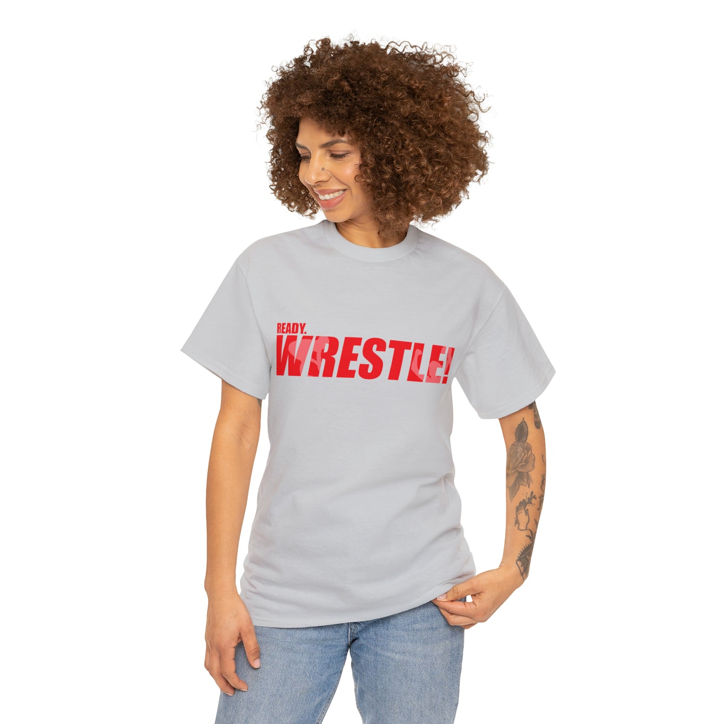 Ready. Wrestle! Red Logo w/White Silhouettes, Unisex Heavy Cotton Tee