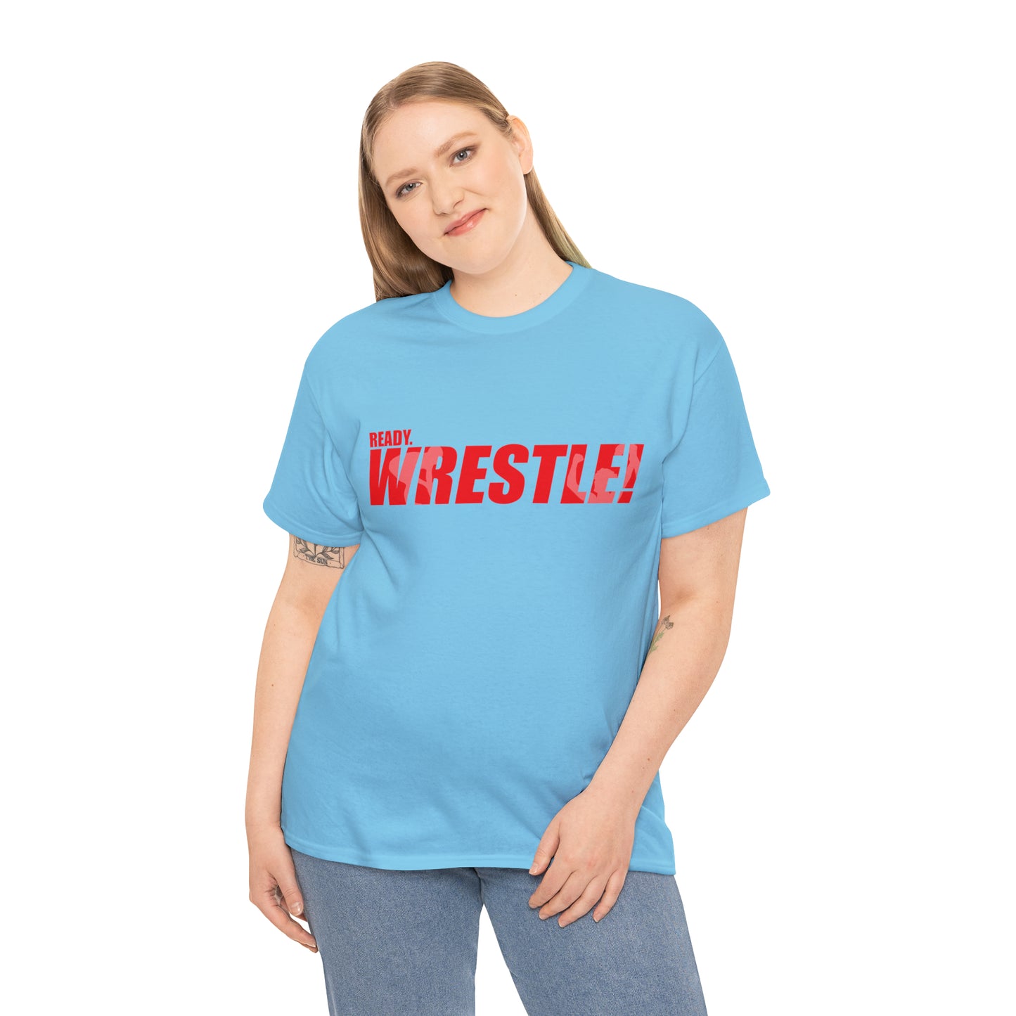 Ready. Wrestle! Red Logo w/White Silhouettes, Unisex Heavy Cotton Tee