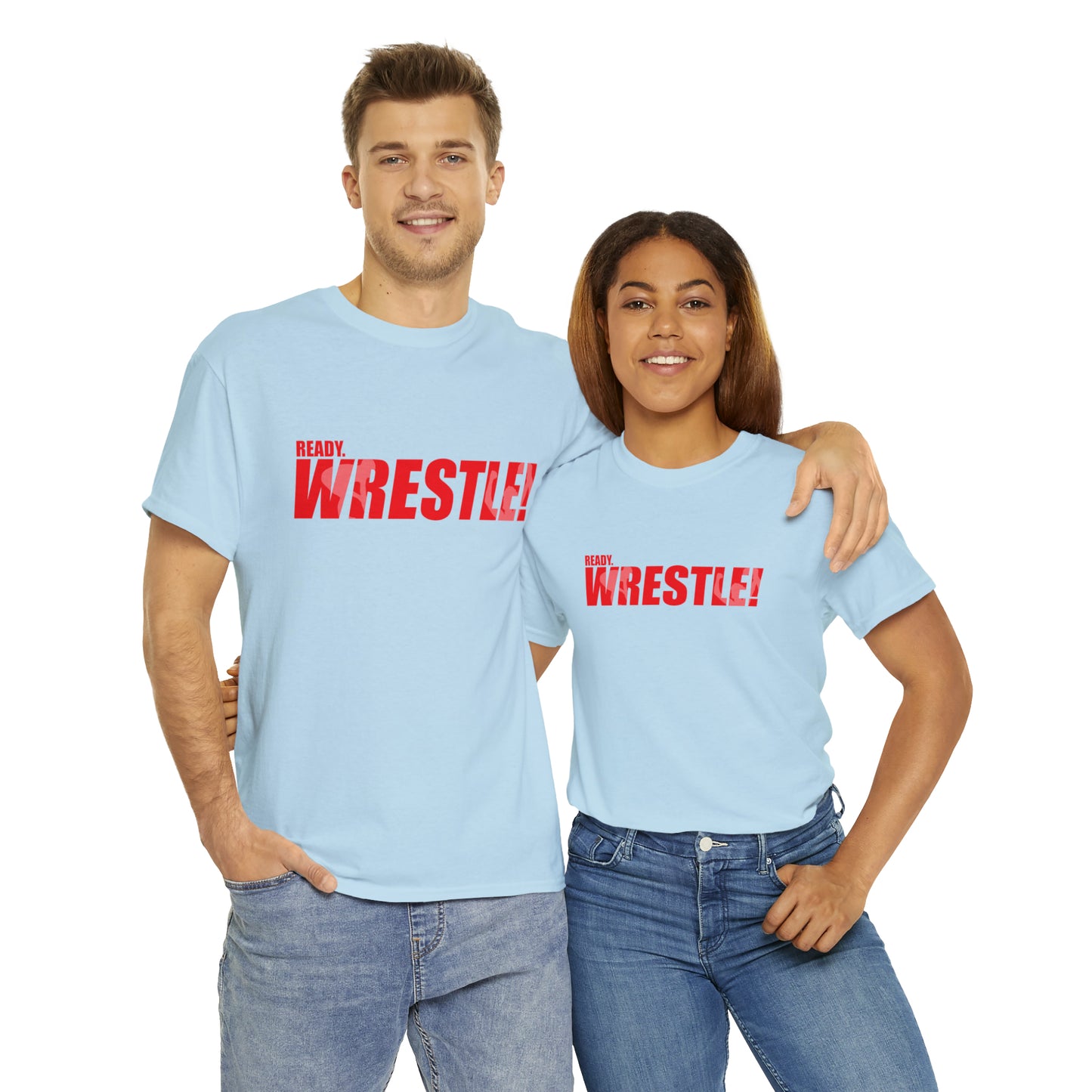 Ready. Wrestle! Red Logo w/White Silhouettes, Unisex Heavy Cotton Tee