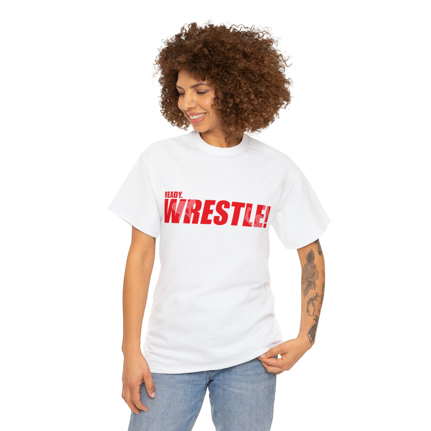 Ready. Wrestle! Red Logo w/White Silhouettes, Unisex Heavy Cotton Tee