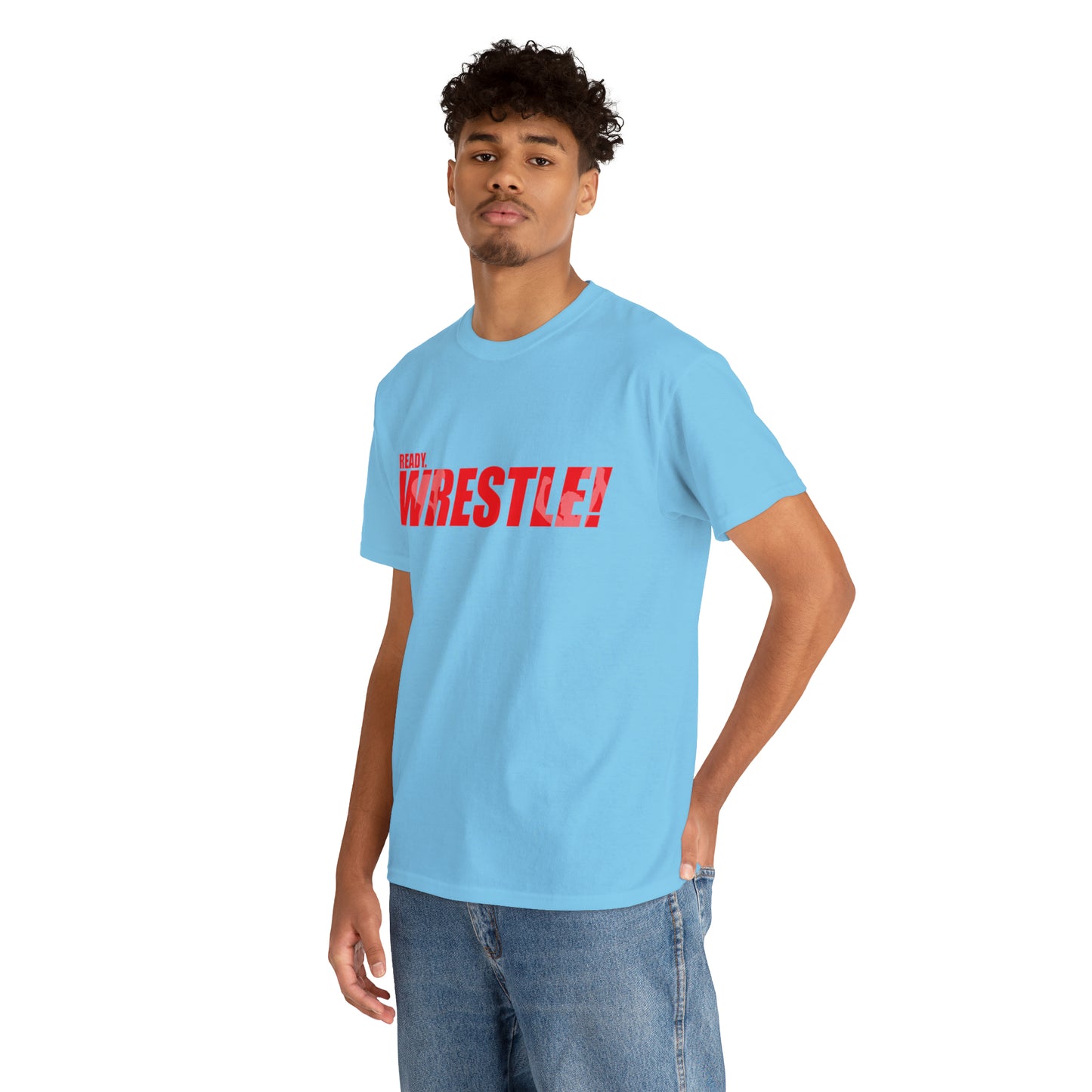 Ready. Wrestle! Red Logo w/White Silhouettes, Unisex Heavy Cotton Tee