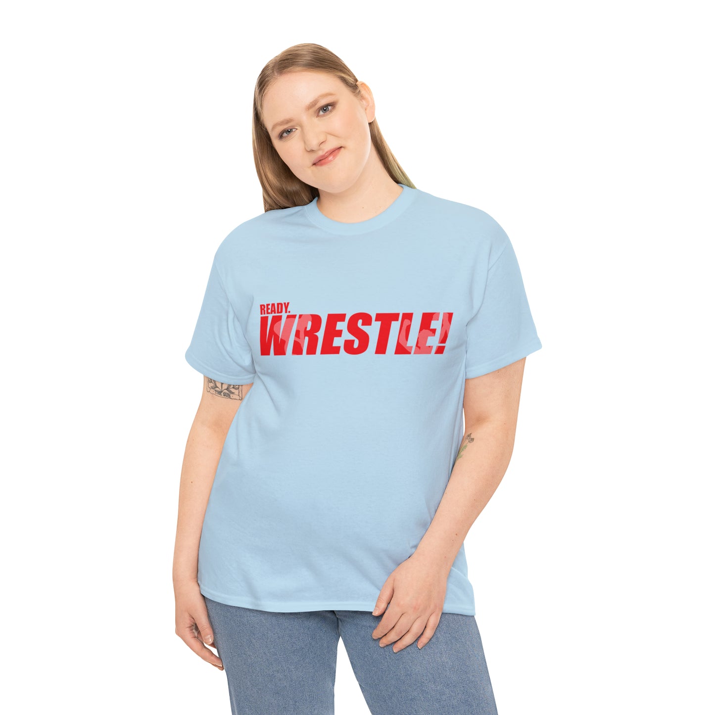 Ready. Wrestle! Red Logo w/White Silhouettes, Unisex Heavy Cotton Tee