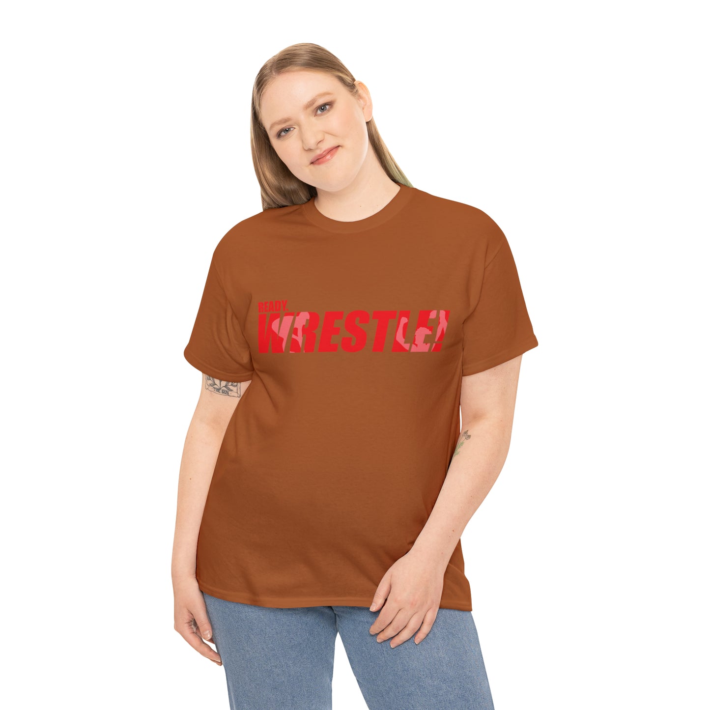 Ready. Wrestle! Red Logo w/White Silhouettes, Unisex Heavy Cotton Tee