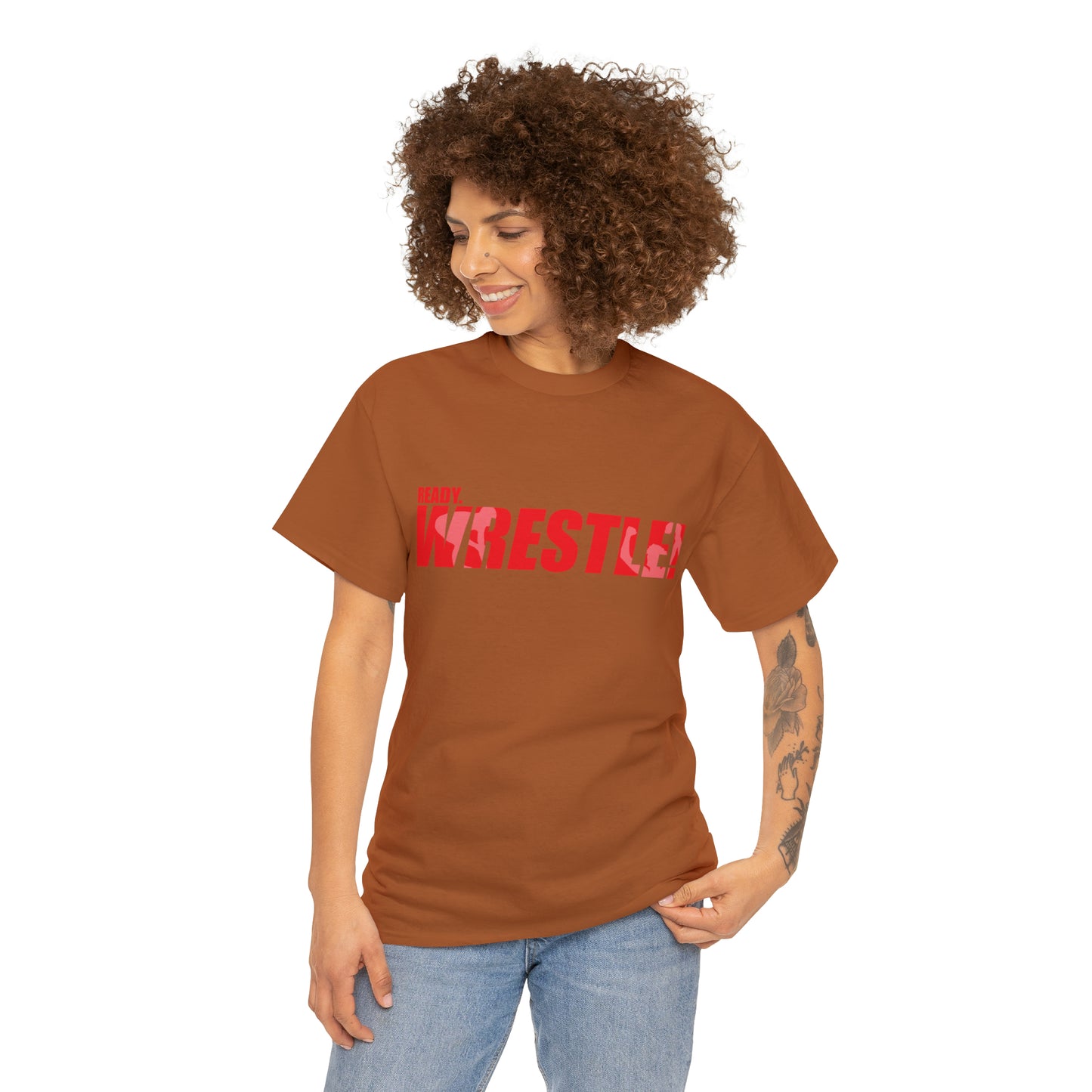 Ready. Wrestle! Red Logo w/White Silhouettes, Unisex Heavy Cotton Tee