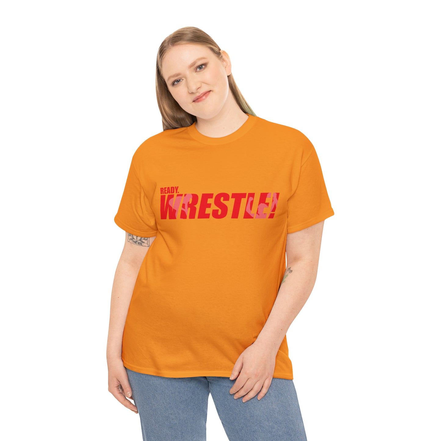Ready. Wrestle! Red Logo w/White Silhouettes, Unisex Heavy Cotton Tee