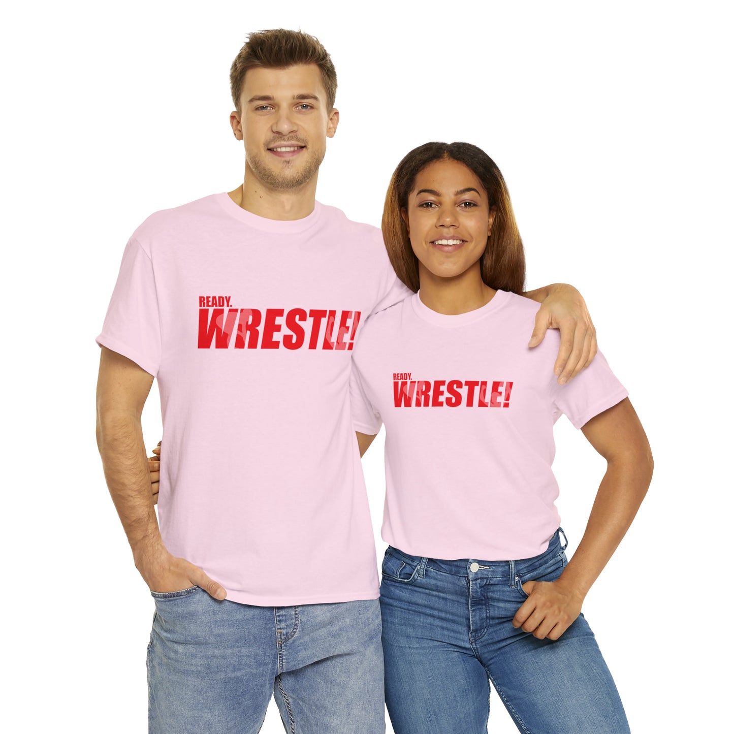 Ready. Wrestle! Red Logo w/White Silhouettes, Unisex Heavy Cotton Tee