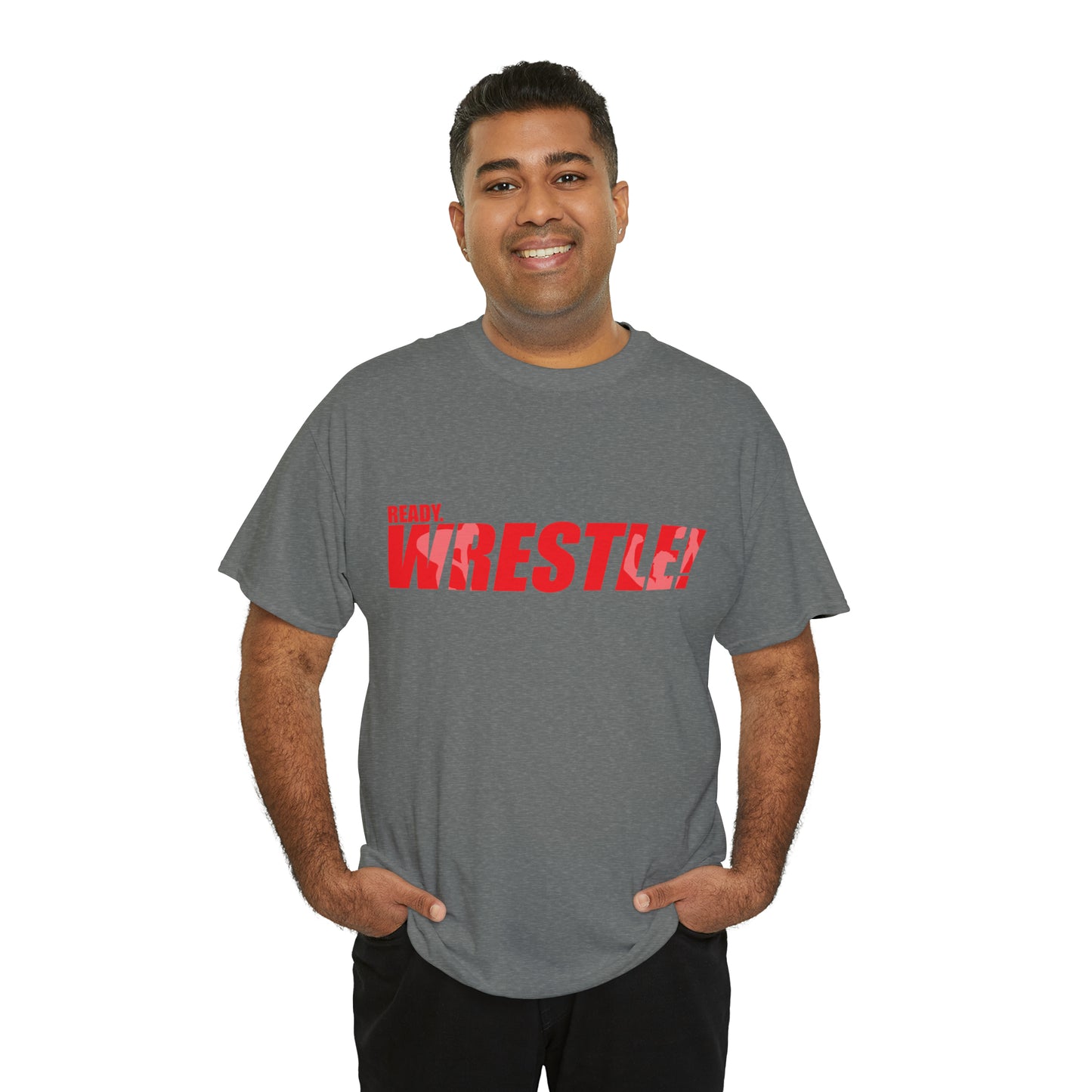 Ready. Wrestle! Red Logo w/White Silhouettes, Unisex Heavy Cotton Tee