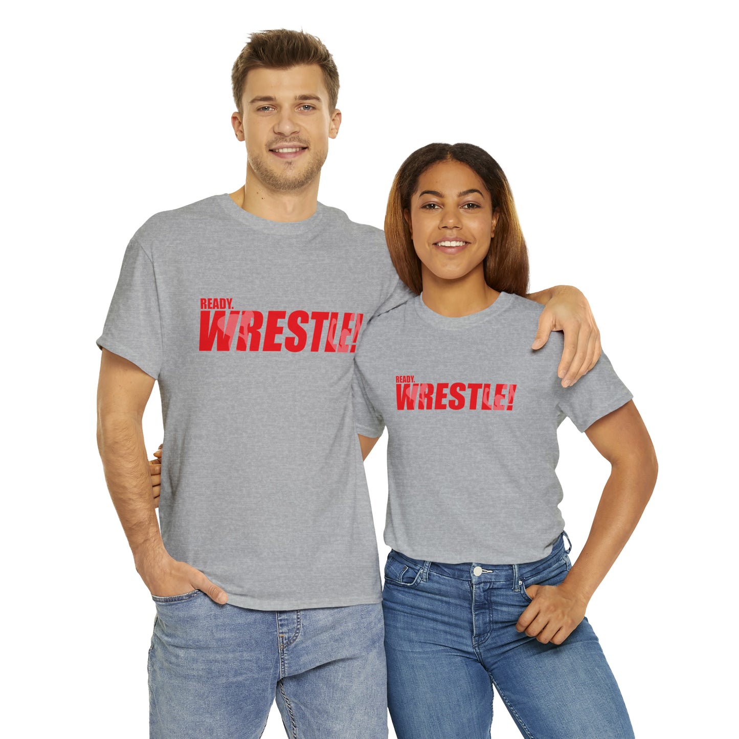 Ready. Wrestle! Red Logo w/White Silhouettes, Unisex Heavy Cotton Tee