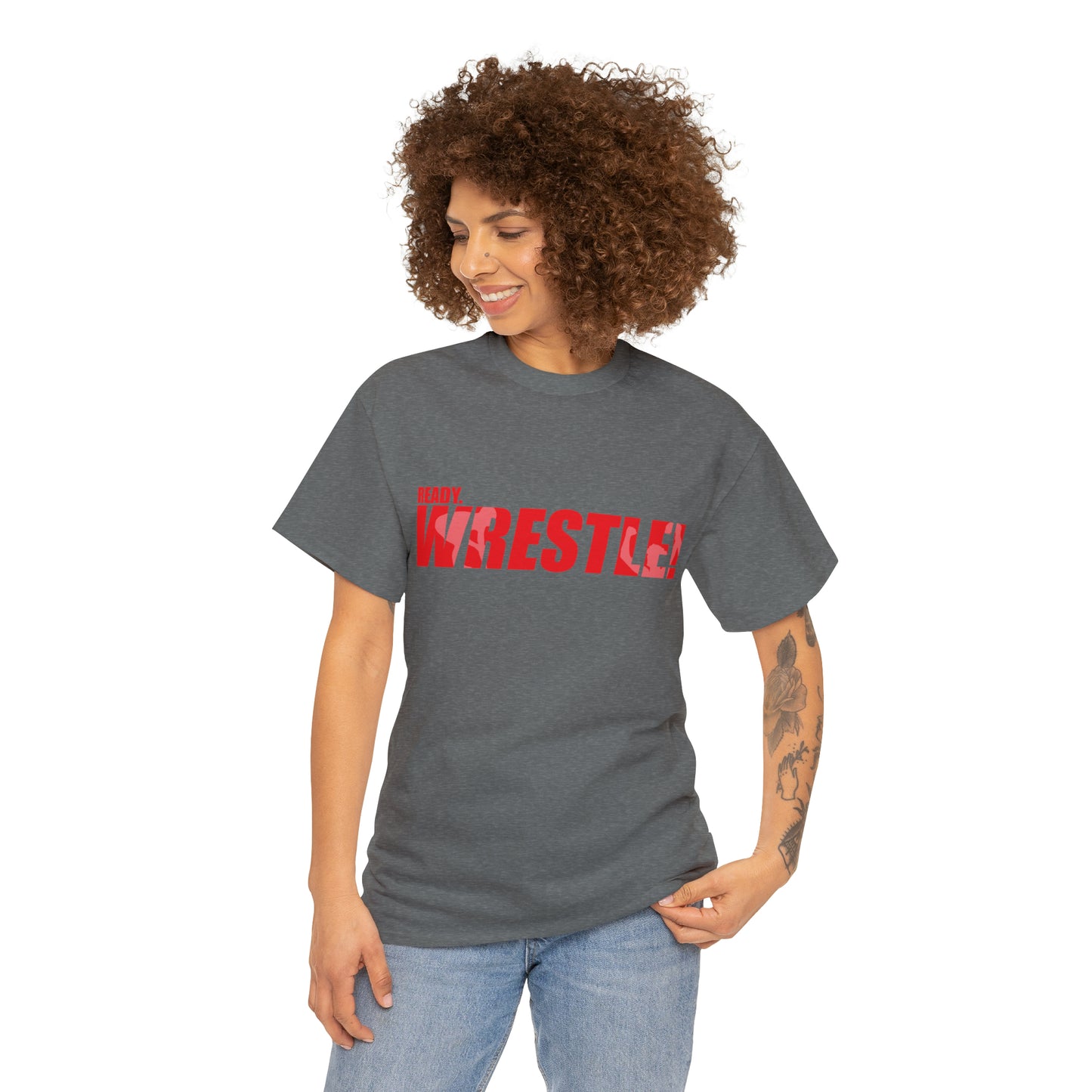 Ready. Wrestle! Red Logo w/White Silhouettes, Unisex Heavy Cotton Tee
