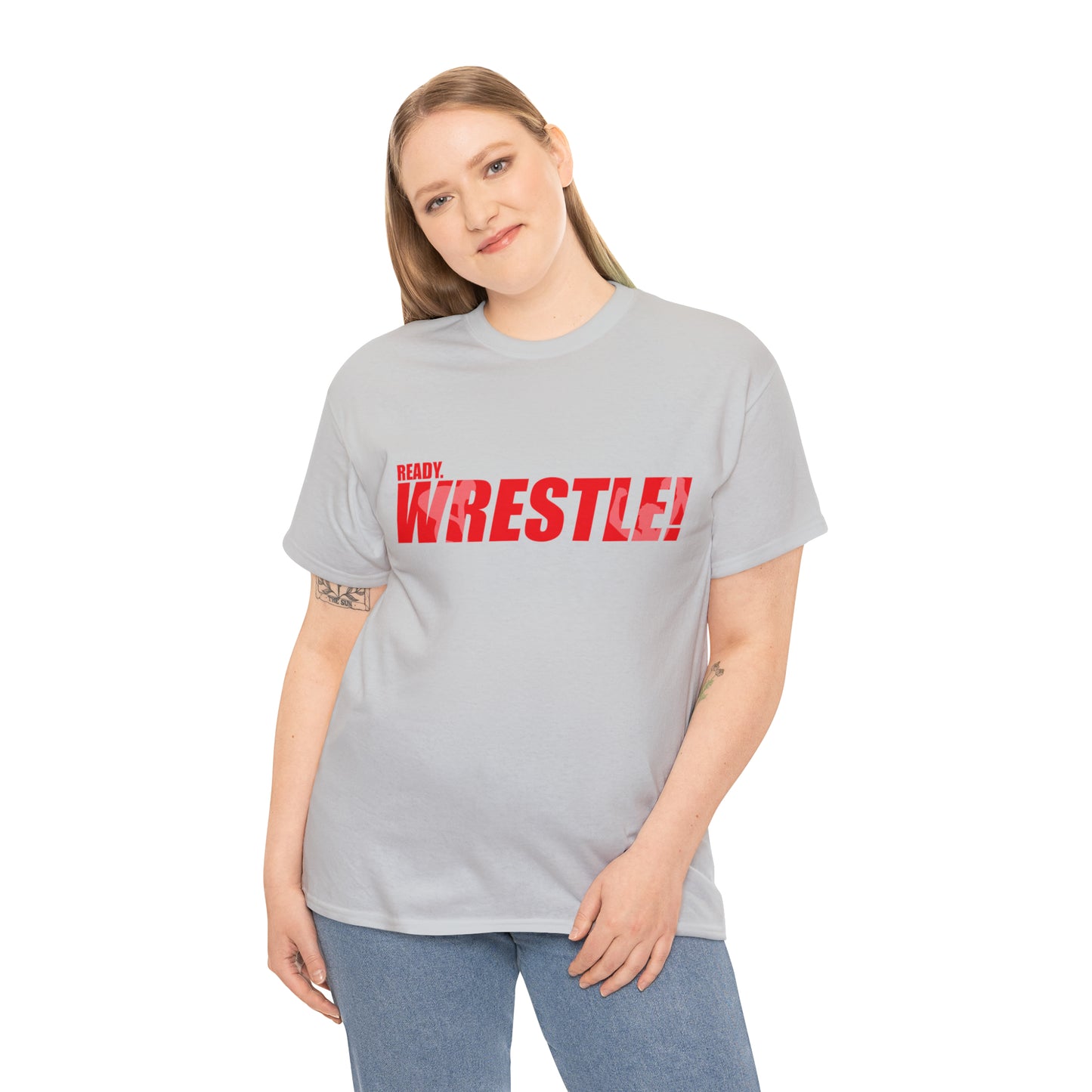 Ready. Wrestle! Red Logo w/White Silhouettes, Unisex Heavy Cotton Tee