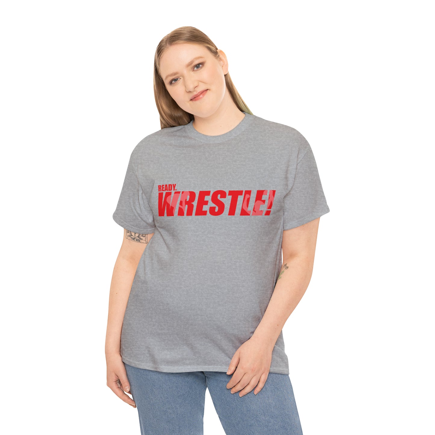 Ready. Wrestle! Red Logo w/White Silhouettes, Unisex Heavy Cotton Tee