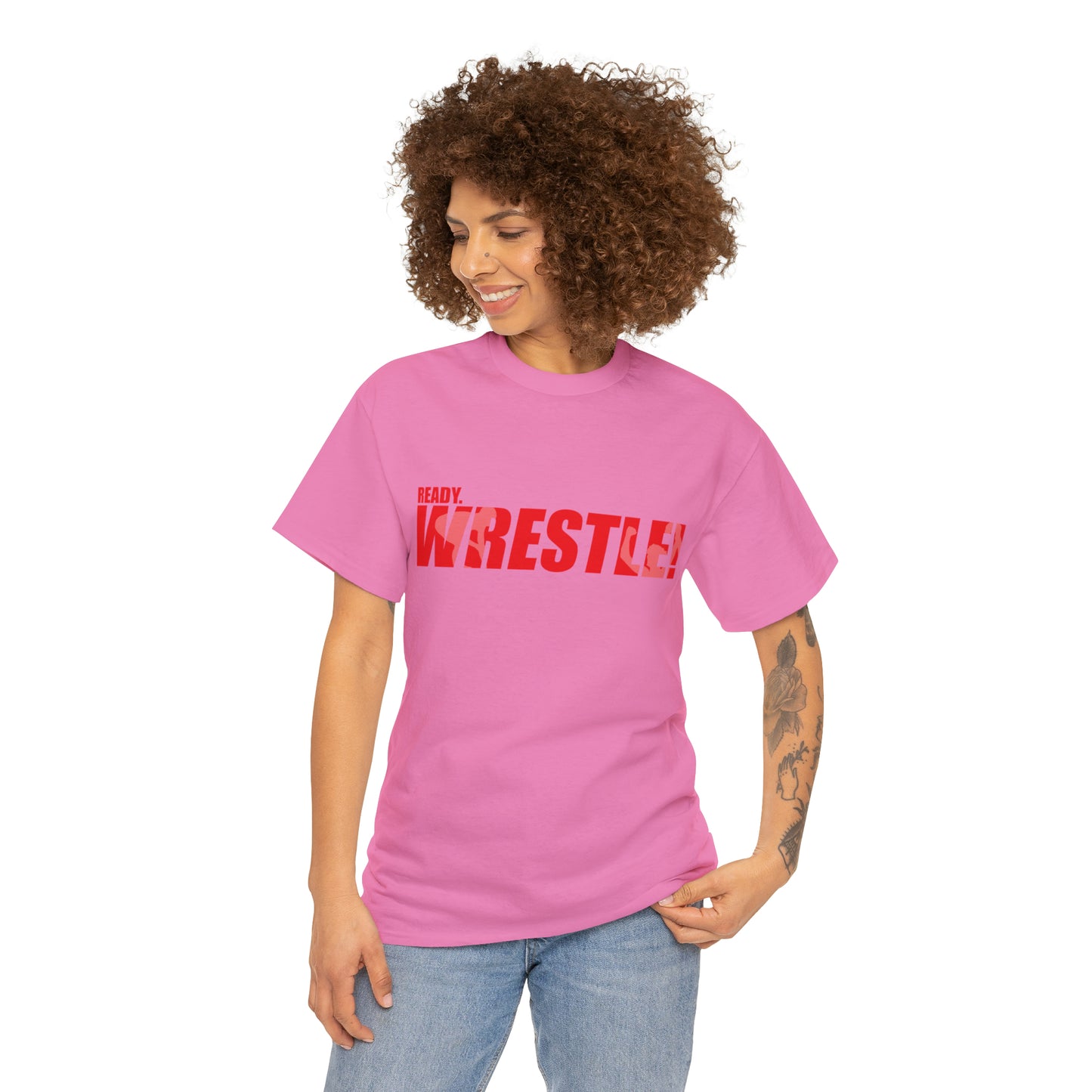 Ready. Wrestle! Red Logo w/White Silhouettes, Unisex Heavy Cotton Tee