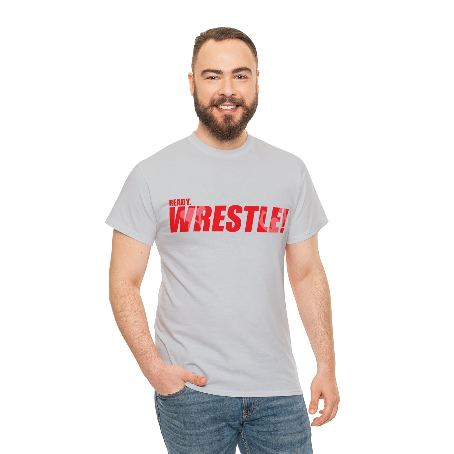 Ready. Wrestle! Red Logo w/White Silhouettes, Unisex Heavy Cotton Tee