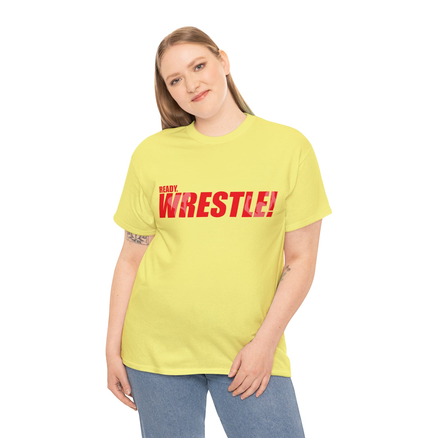 Ready. Wrestle! Red Logo w/White Silhouettes, Unisex Heavy Cotton Tee