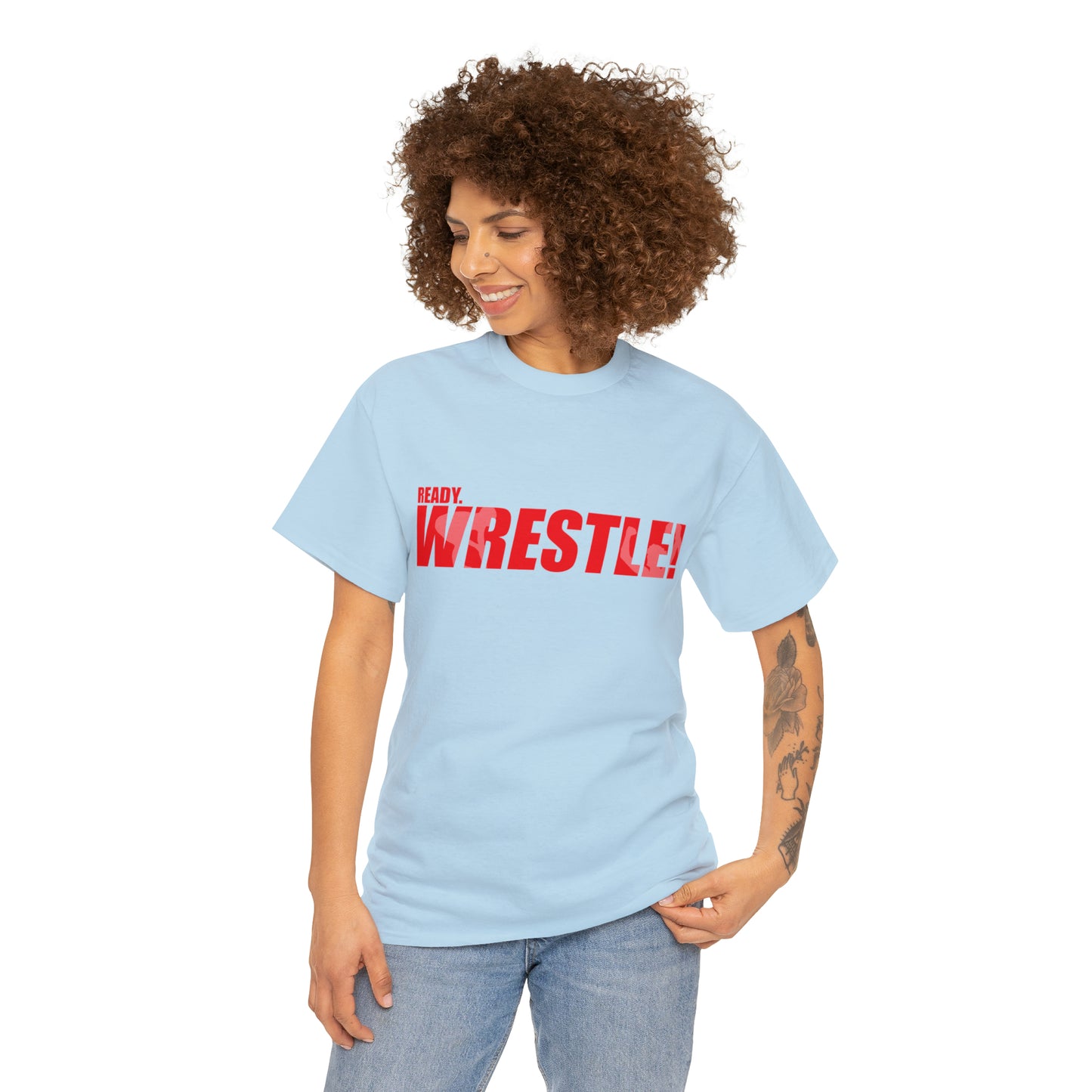 Ready. Wrestle! Red Logo w/White Silhouettes, Unisex Heavy Cotton Tee