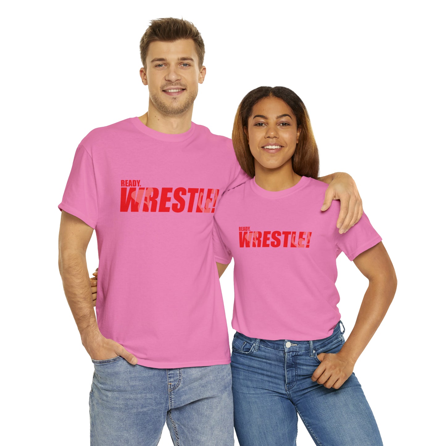 Ready. Wrestle! Red Logo w/White Silhouettes, Unisex Heavy Cotton Tee