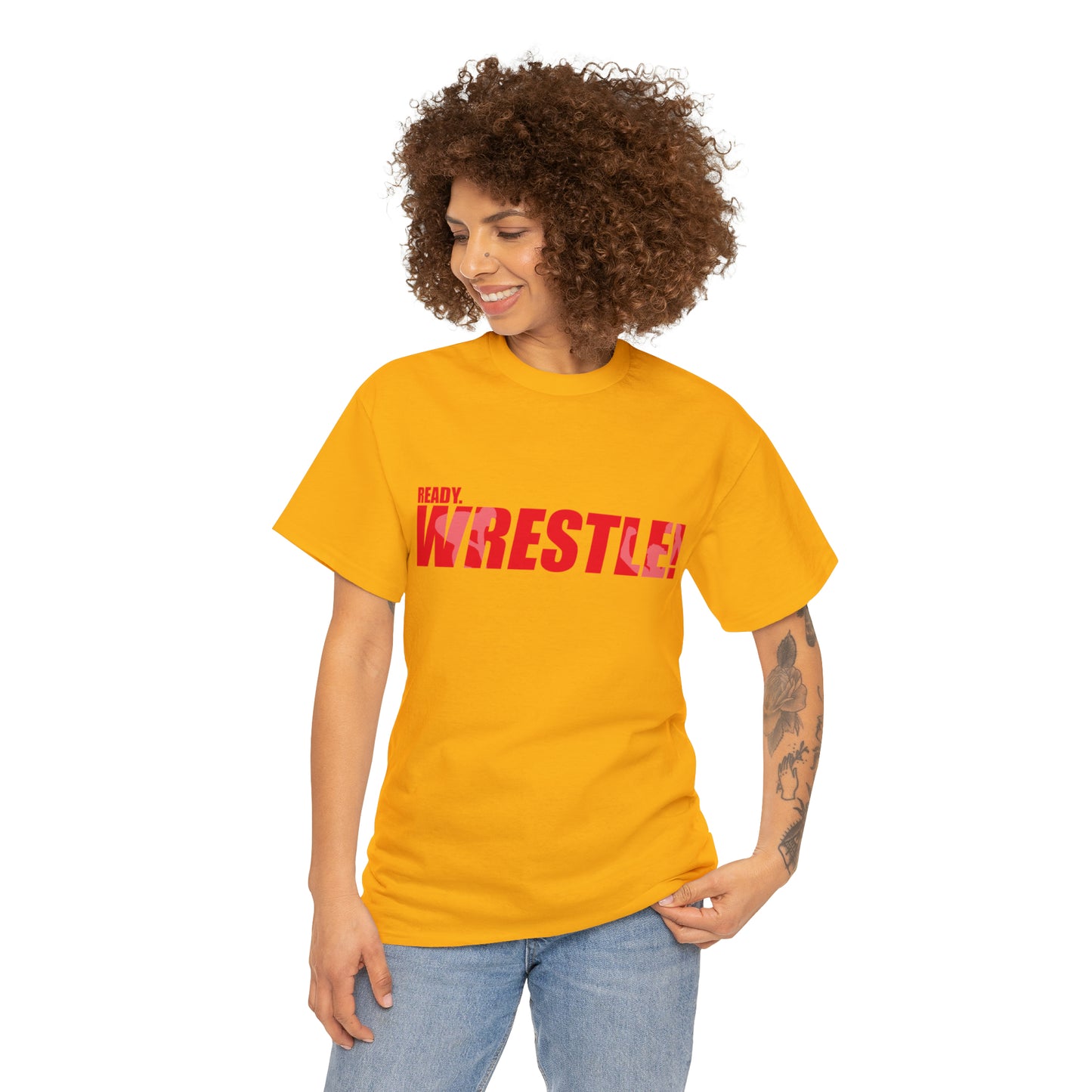 Ready. Wrestle! Red Logo w/White Silhouettes, Unisex Heavy Cotton Tee