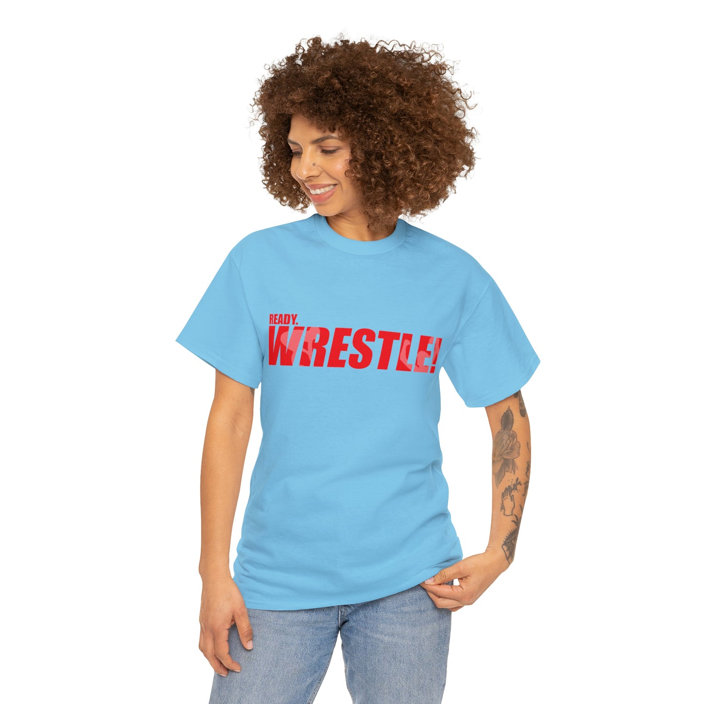 Ready. Wrestle! Red Logo w/White Silhouettes, Unisex Heavy Cotton Tee
