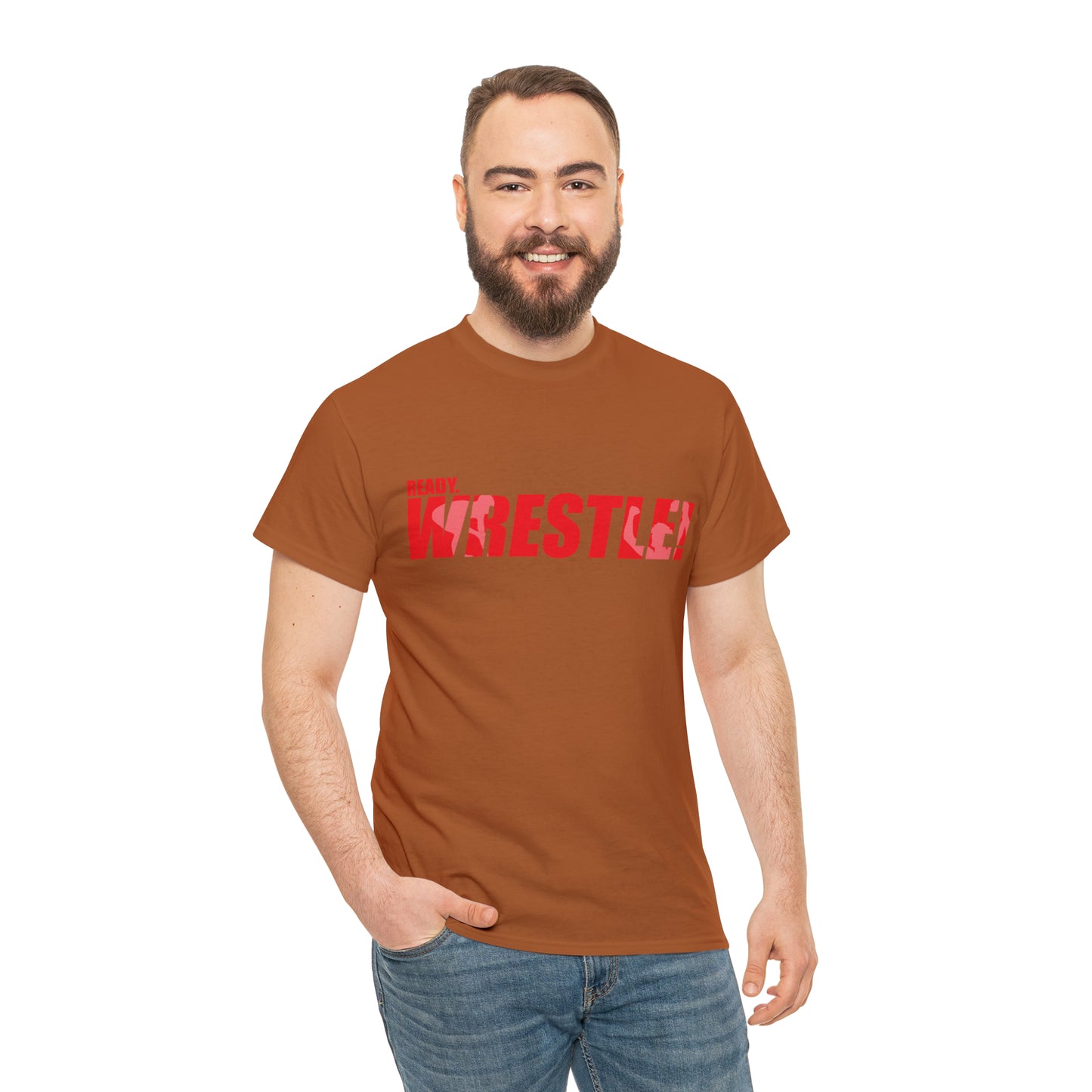 Ready. Wrestle! Red Logo w/White Silhouettes, Unisex Heavy Cotton Tee