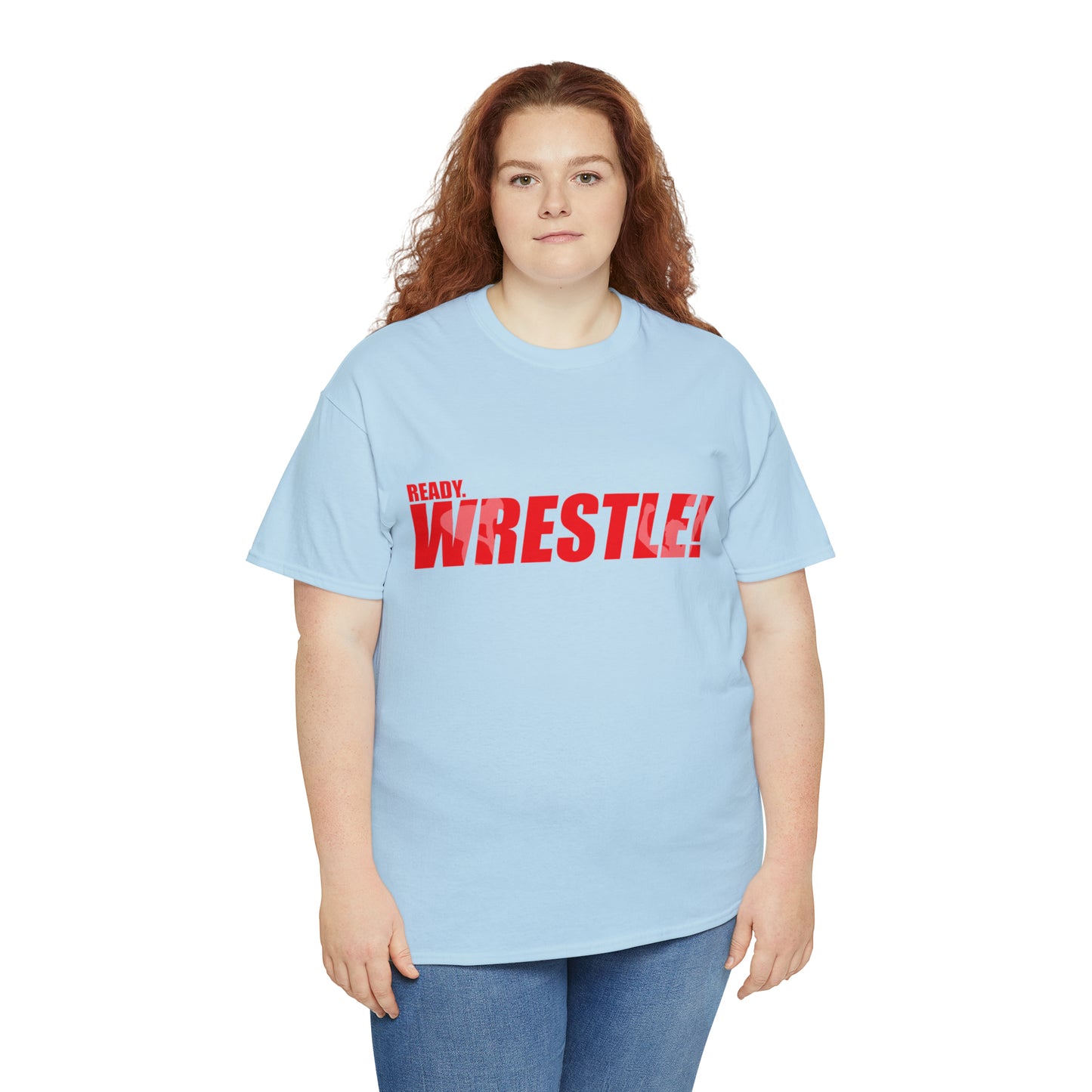 Ready. Wrestle! Red Logo w/White Silhouettes, Unisex Heavy Cotton Tee