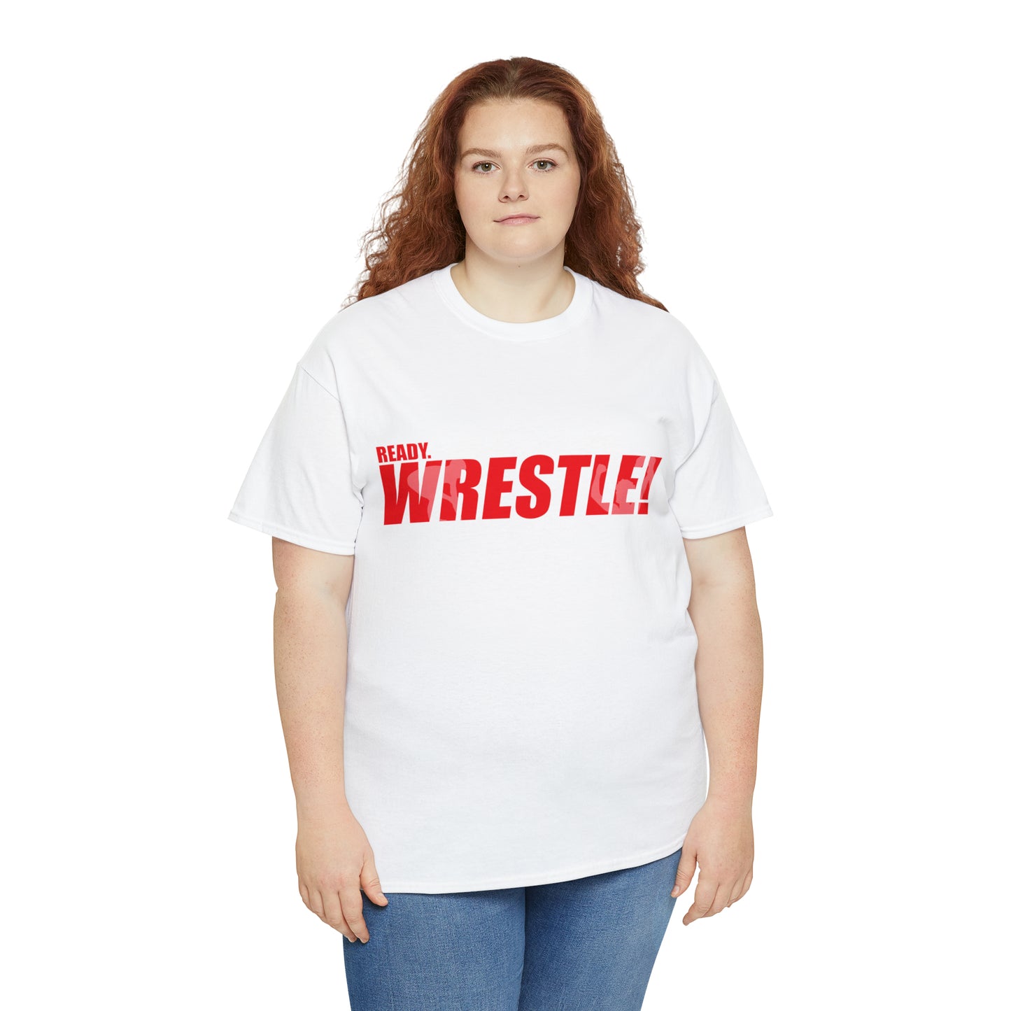 Ready. Wrestle! Red Logo w/White Silhouettes, Unisex Heavy Cotton Tee