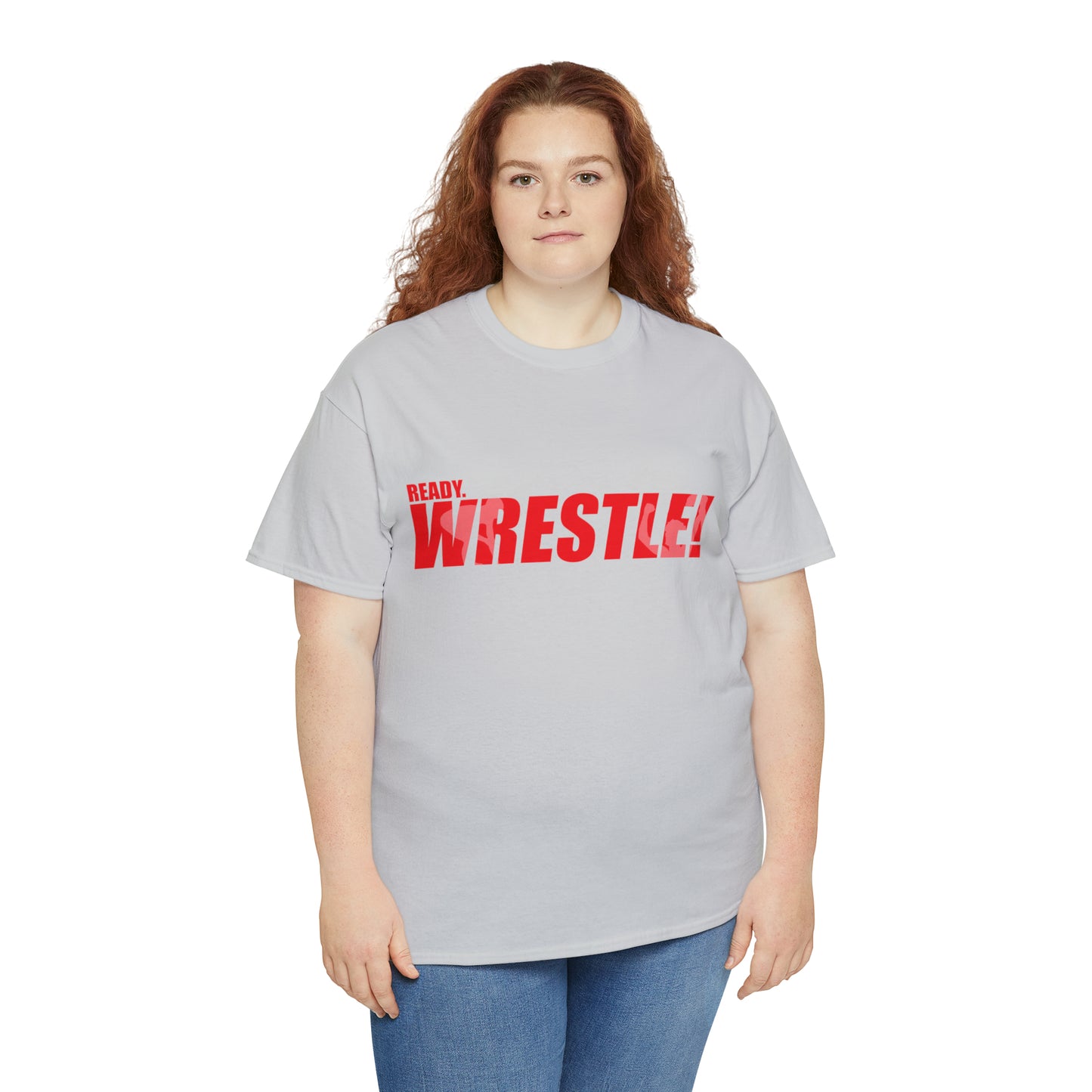 Ready. Wrestle! Red Logo w/White Silhouettes, Unisex Heavy Cotton Tee