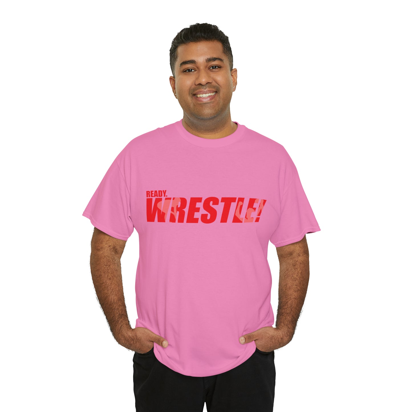 Ready. Wrestle! Red Logo w/White Silhouettes, Unisex Heavy Cotton Tee